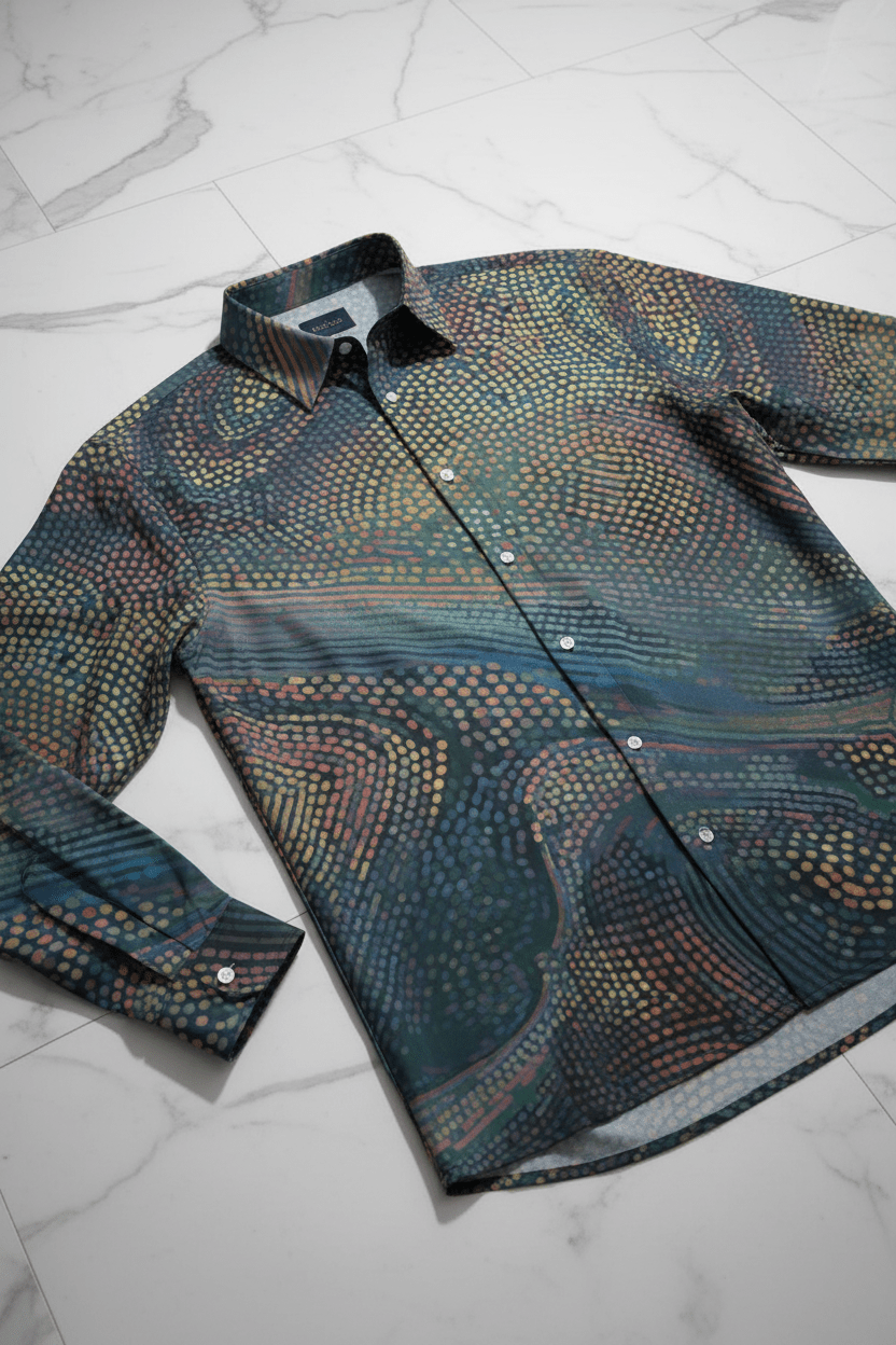 Echo Chamber Wearable Installation Shirt for Visual Noise Collectors — Cognitive Drift AOP Imitation Silk, Optical Illusion Mirror Print