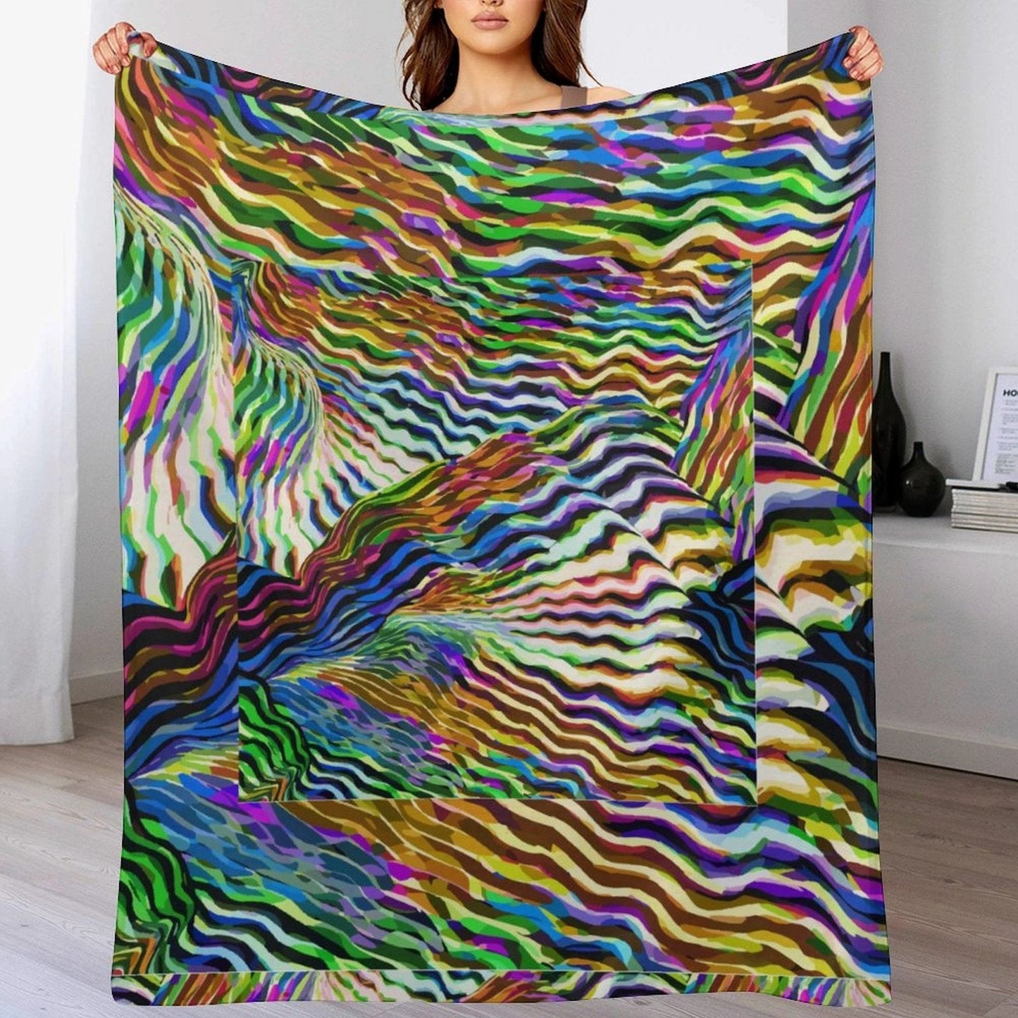 Lightning Complex AOP Vintage Flannel Blanket 50"×60" | Psychedelic Ribbon-Wave Maximalist Throw (250gsm)