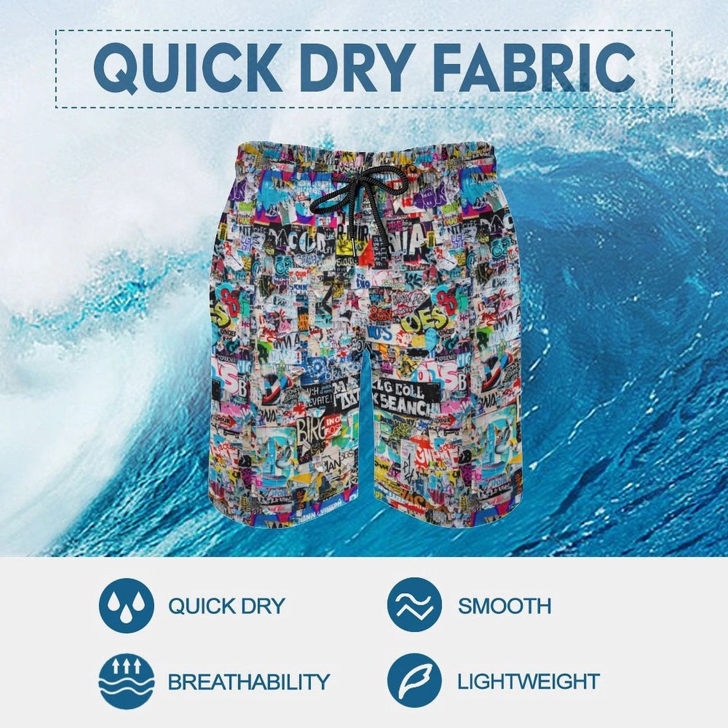 Sticker Bomb Board Shorts — Street Collage AOP Swim Trunks for Loud Beach Days
