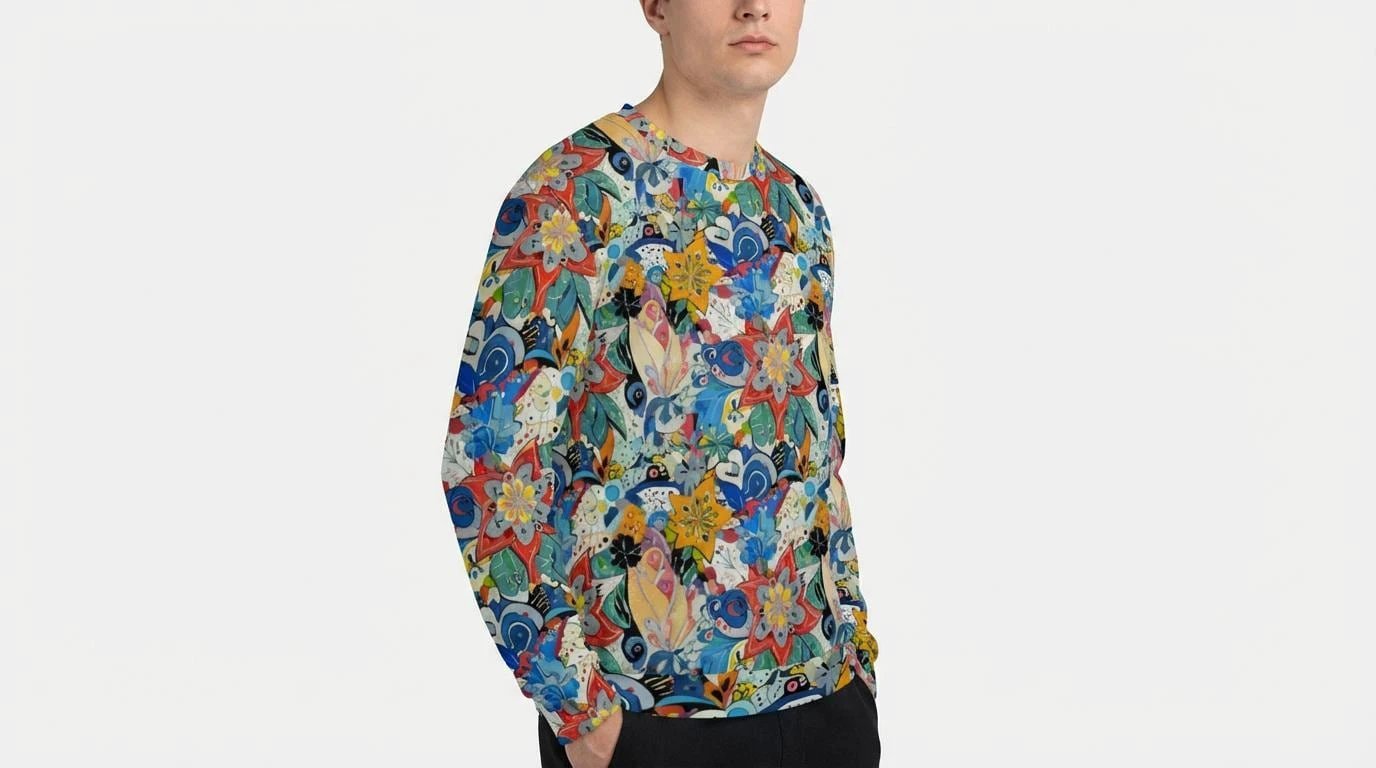 Floral Fusion Maximalist Crewneck for Dopamine-Dressing Streetwear Heads — 310gsm Cotton AOP, Psychedelic Eye Floral Collage