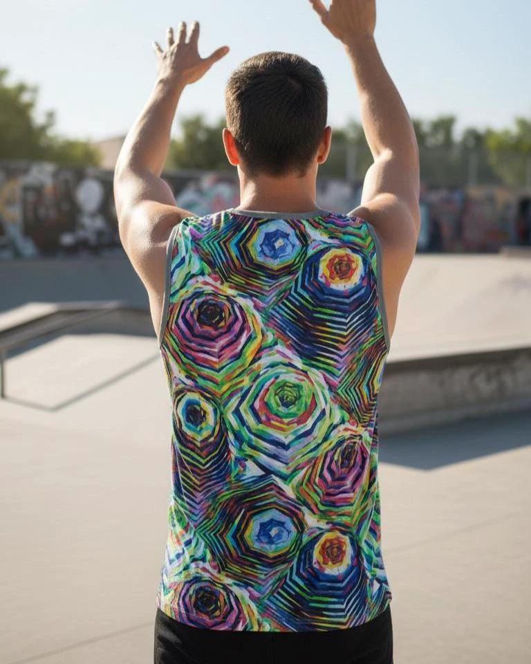 Glitchcore Jersey for Digital Maximalists — AI Art AOP Basketball Tank, Moisture-Wicking Festival Activewear, Neon Digital Streetwear, Rave Uniform