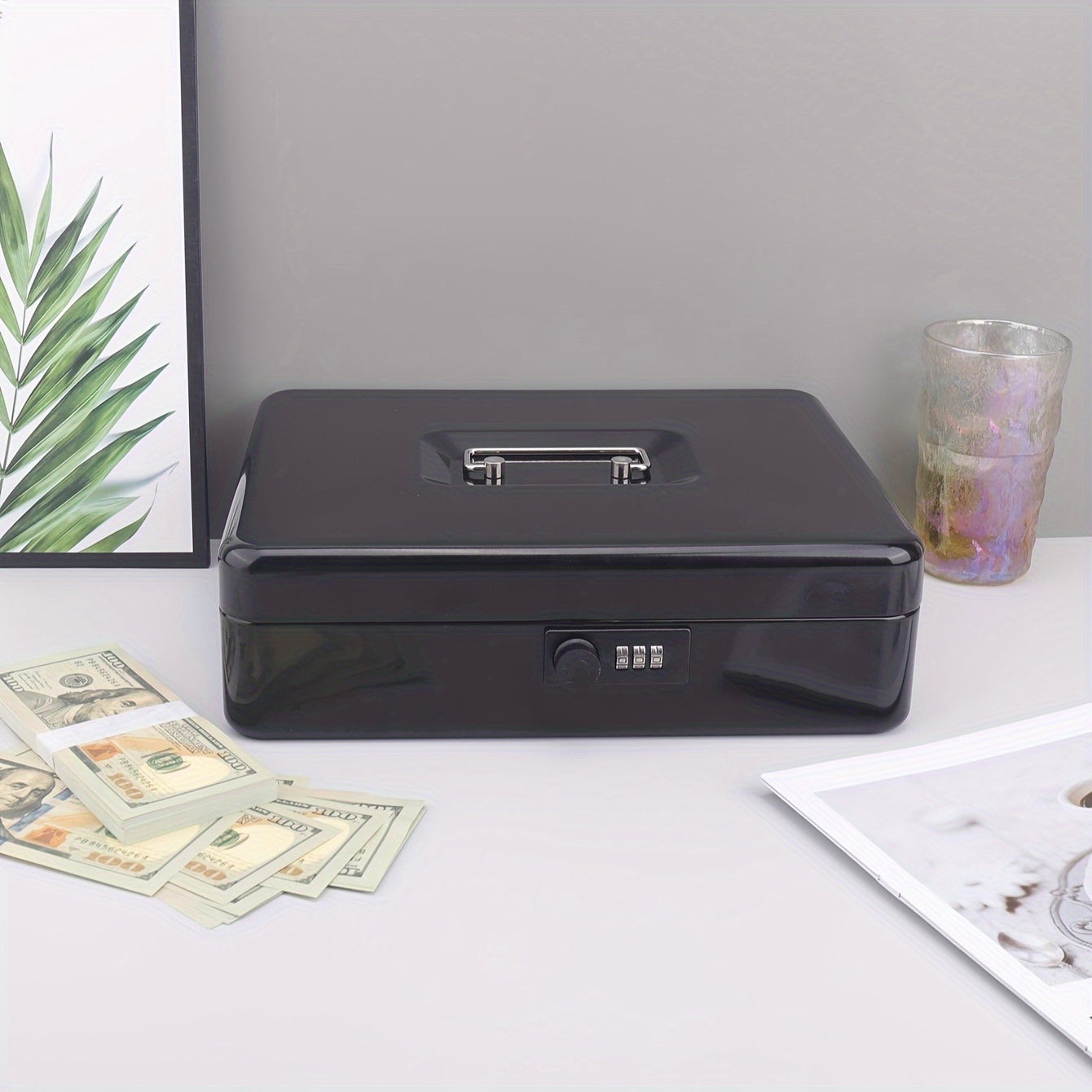 Large Portable Metal Cash Box with Lock & Tray TJR6H3S