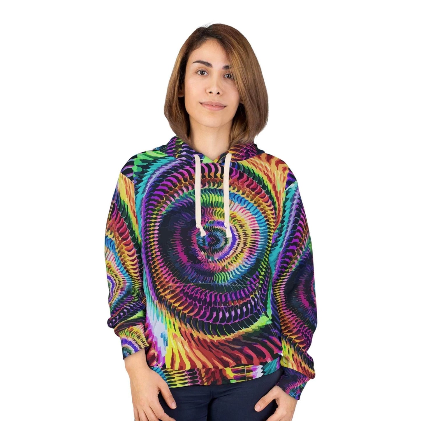 Ocular Opulence Spiral Kaleidoscope Hoodie for Rave and Psytrance Dressers — Trippy 3D Geometric AOP Pullover, Mind-Bending Vivid Spiral Print