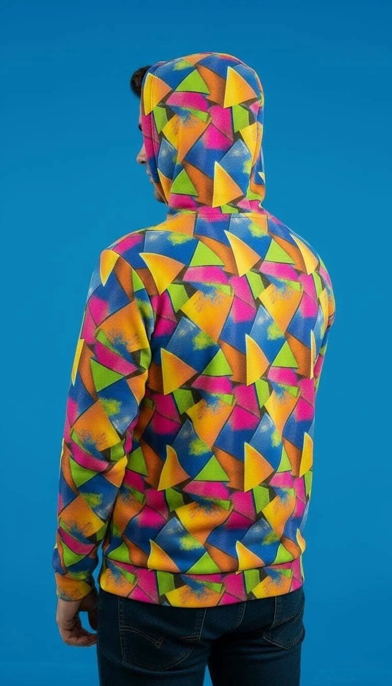 Vibrant Geometric Triangle Print Hoodie - Bold Maximalist Streetwear Pullover for Rave Style