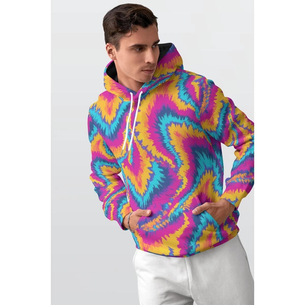 Magnetic Sea AOP Thicken Fleece Pullover Hoodie — Dyles Mavis Bold Rainbow Spiral, Boundless Bleeds Festival Streetwear