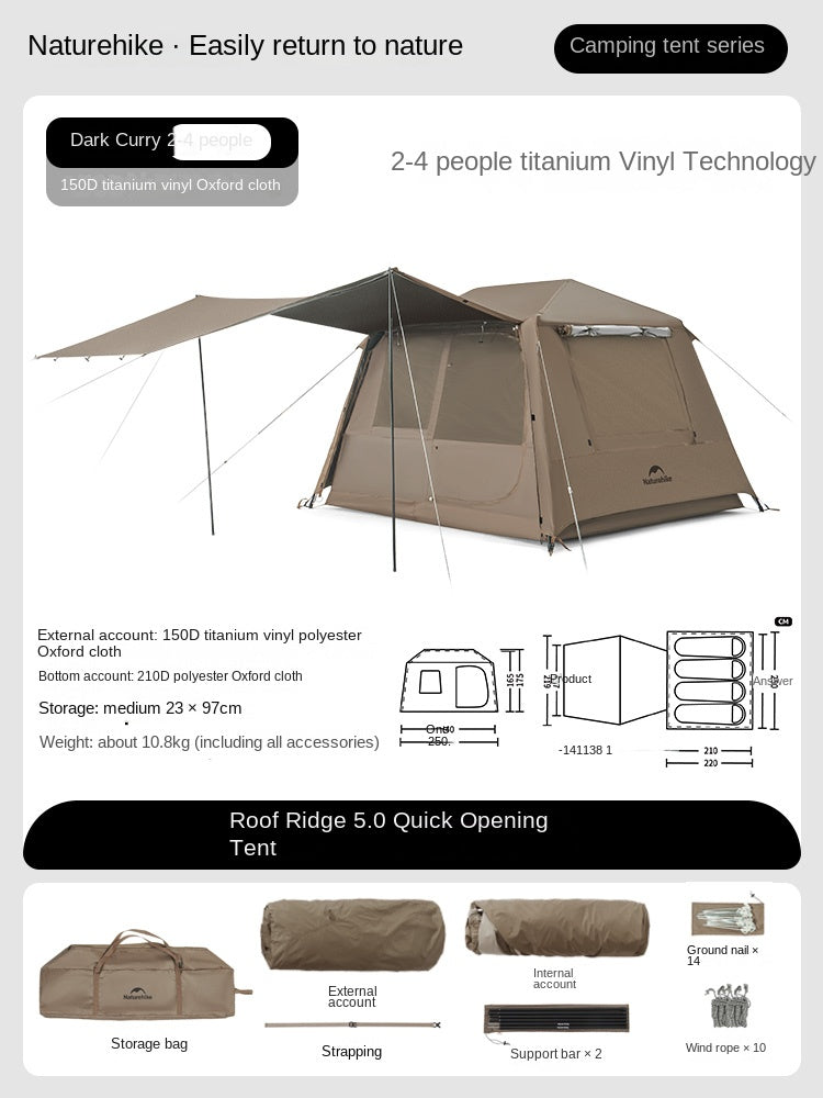 Naturehike VILLAGE 5.0 Gen 3 Fast Build Automatic Tent 1 Bedroom 1 Living Room Extended Canopy Double Layer Tent 4 Person Ti Black Coated Sunscreen