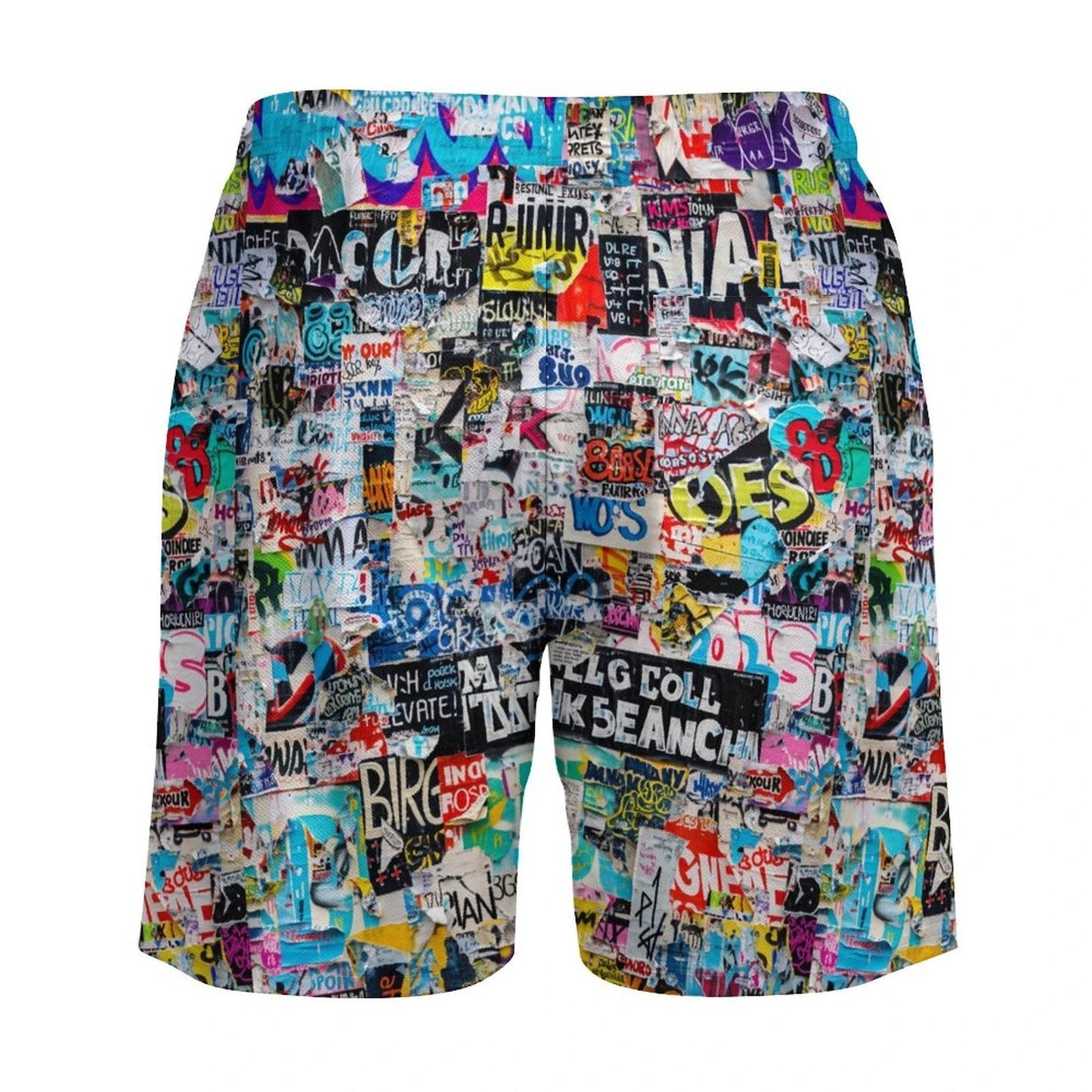 Sticker Bomb Beach Shorts with 4 Pockets — Street Collage AOP Swim-Ready Summer Shorts