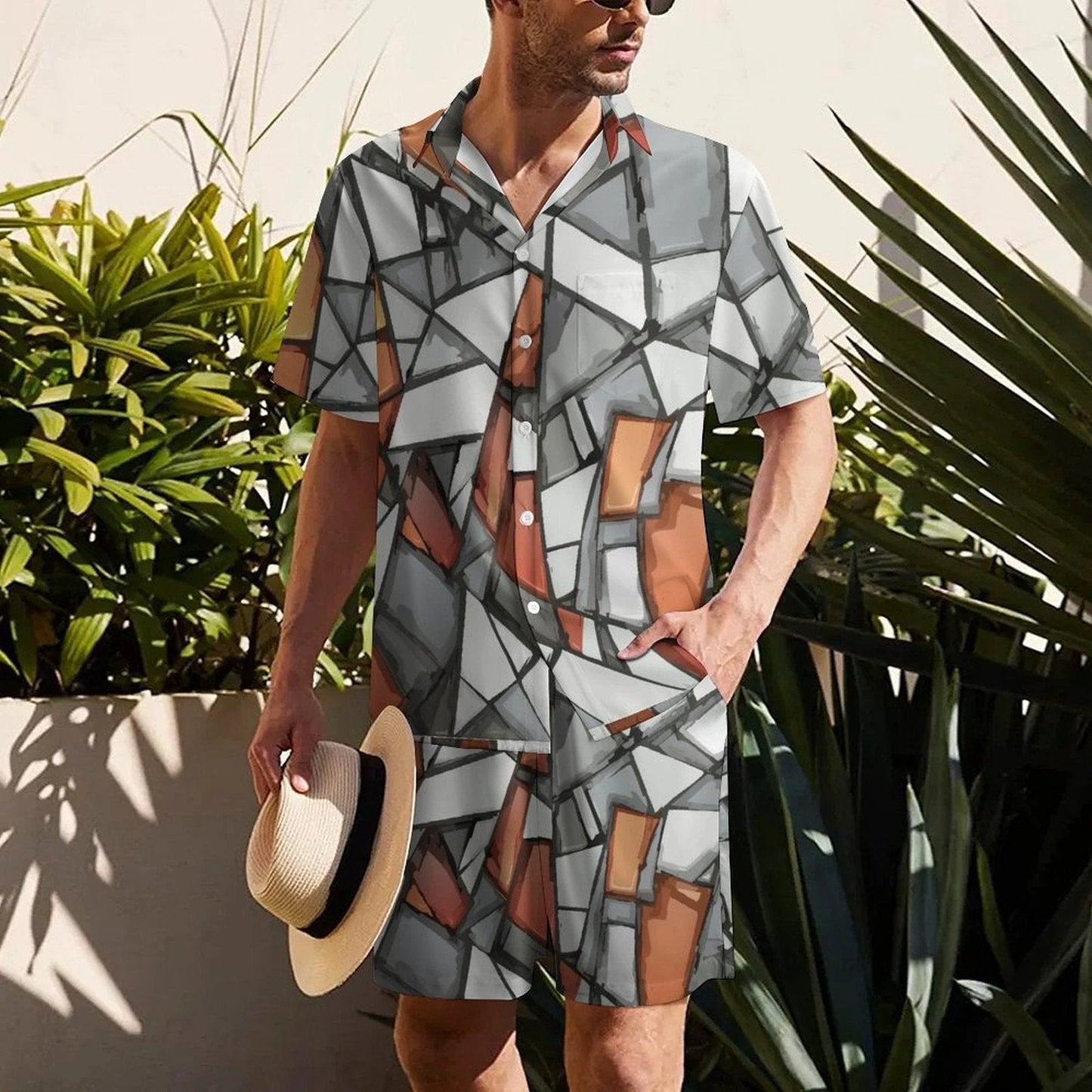 Shattered Mosaic Shirt & Shorts Set — Stone & Amber Fragment AOP Matching Two-Piece Summer Fit