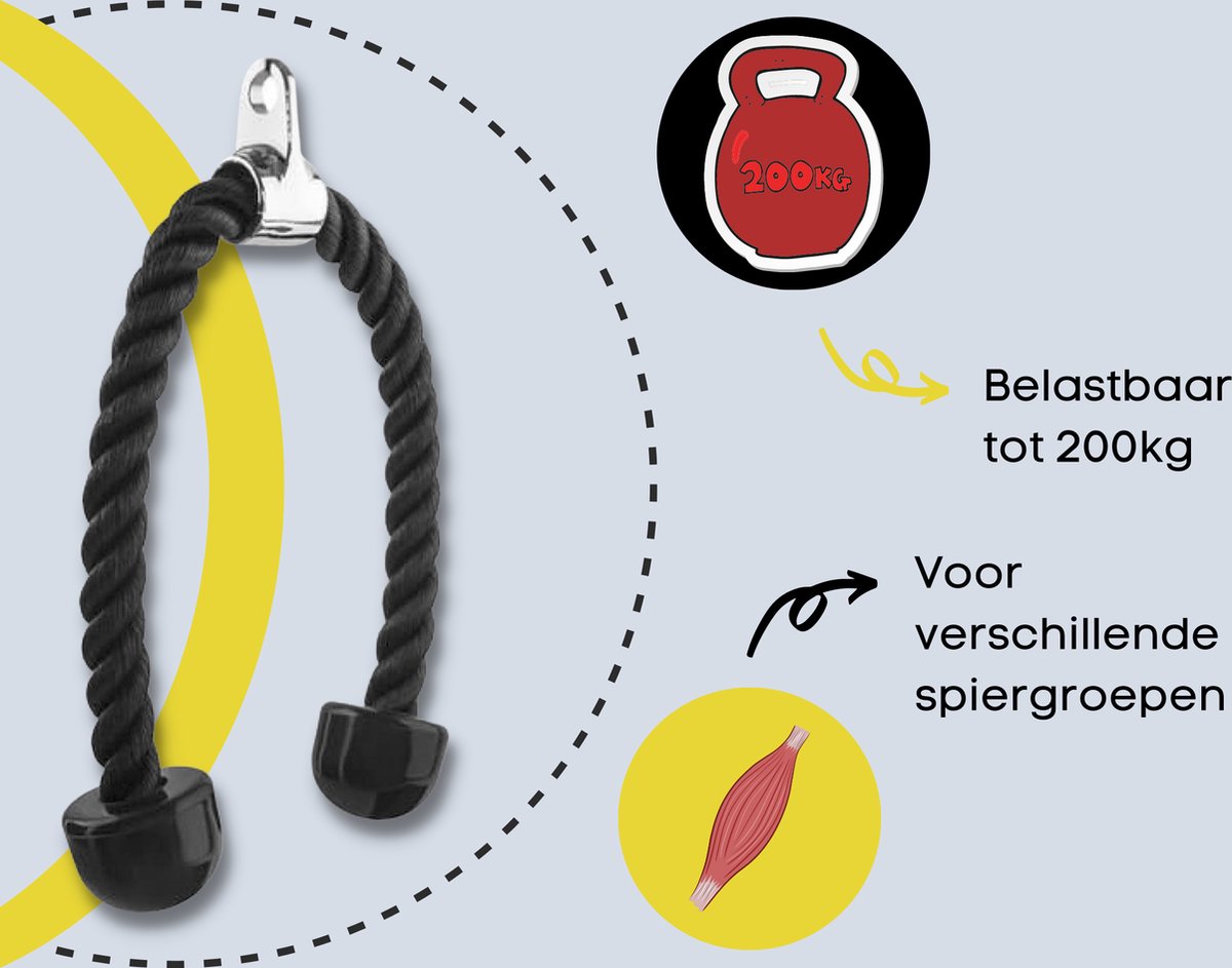Tricep Rope - Trekkoord voor Krachtstation - Zwart - Nylon 70 CM