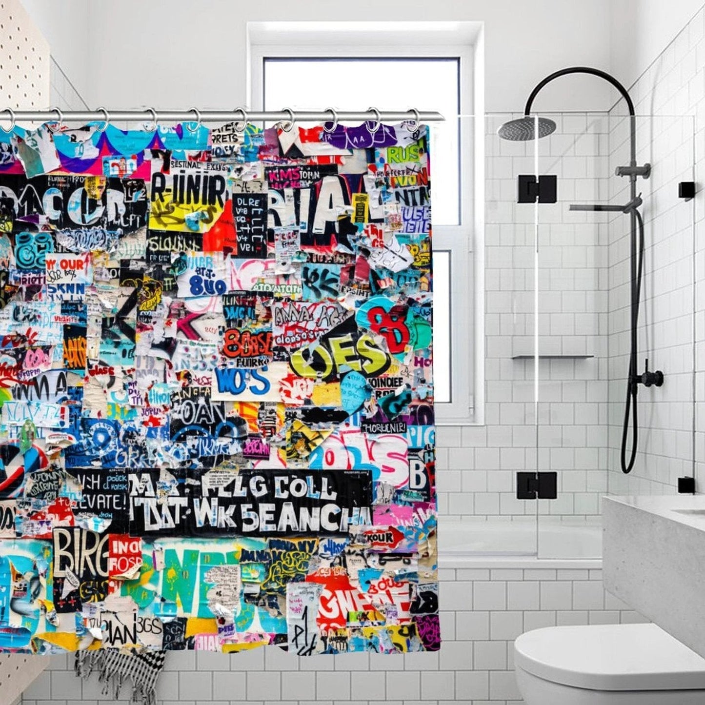 Sticker Bomb Shower Curtain — Waterproof Graffiti Collage AOP Bathroom Statement, Dopamine Decor