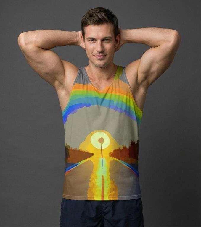 Digital Sunrise Psychedelic Tank for Road-Tripping Self-Expressers — Vibrational Rainbow Gradient AOP, Lightweight Quick-Dry