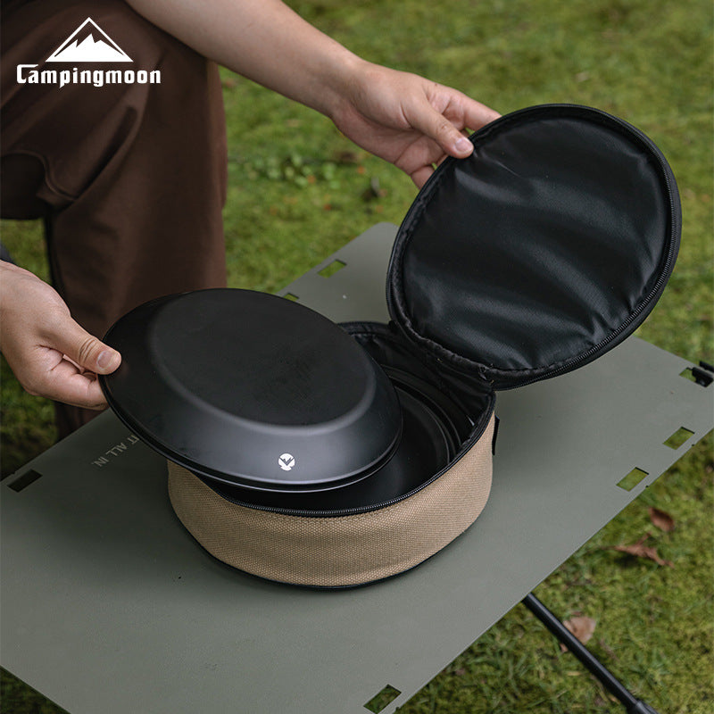 Campingmoon BKS397-1/2S Black Dinner Plate Sets Large 4/8pcs Sets Stainless Steel Outdoor Camping Dish Plate Dining Utensil With Storage Bag