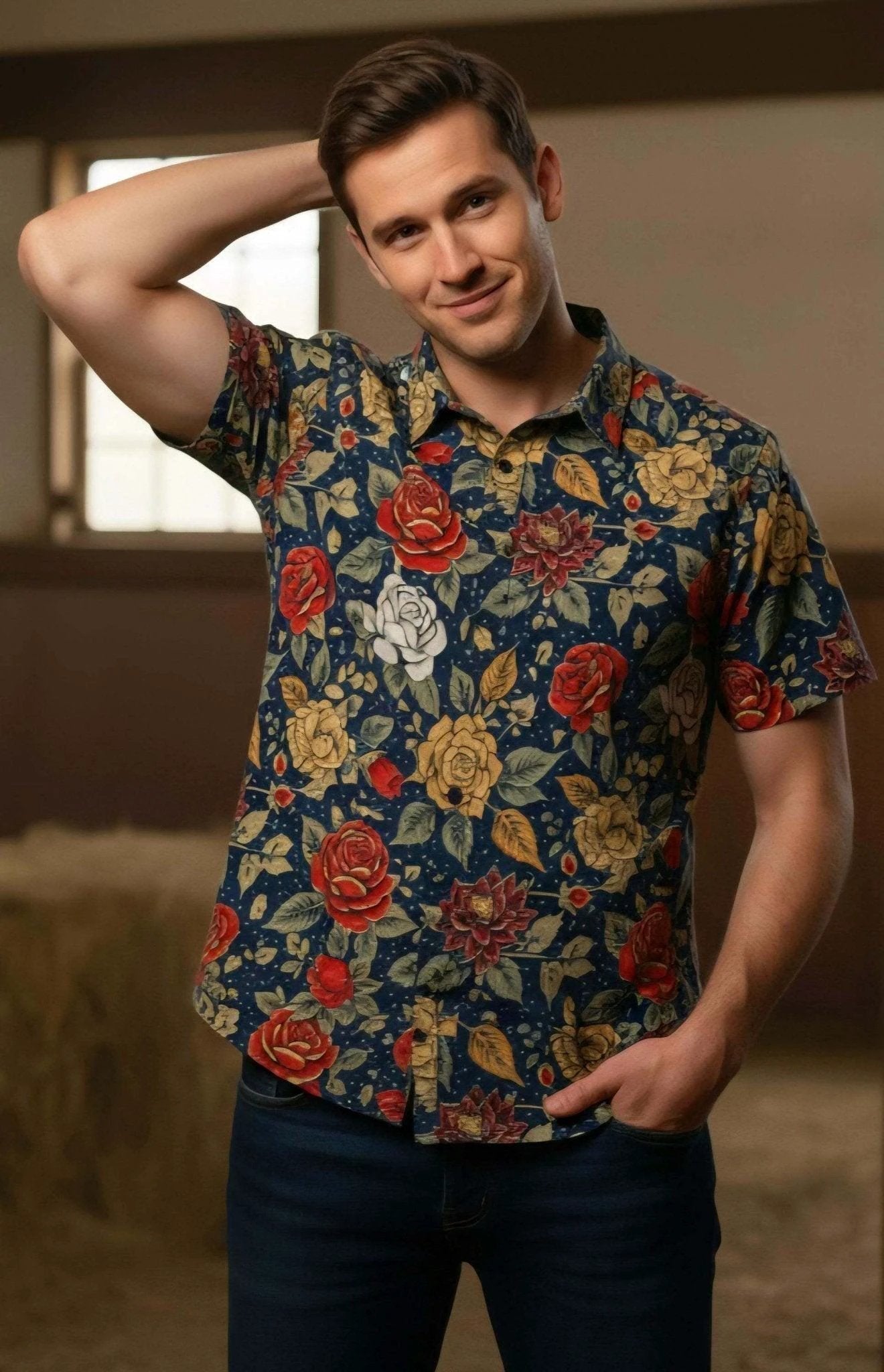 Space Cowboy Retro Polo Shirt - Western Roses & Celestial Night Sky All-Over Print Top
