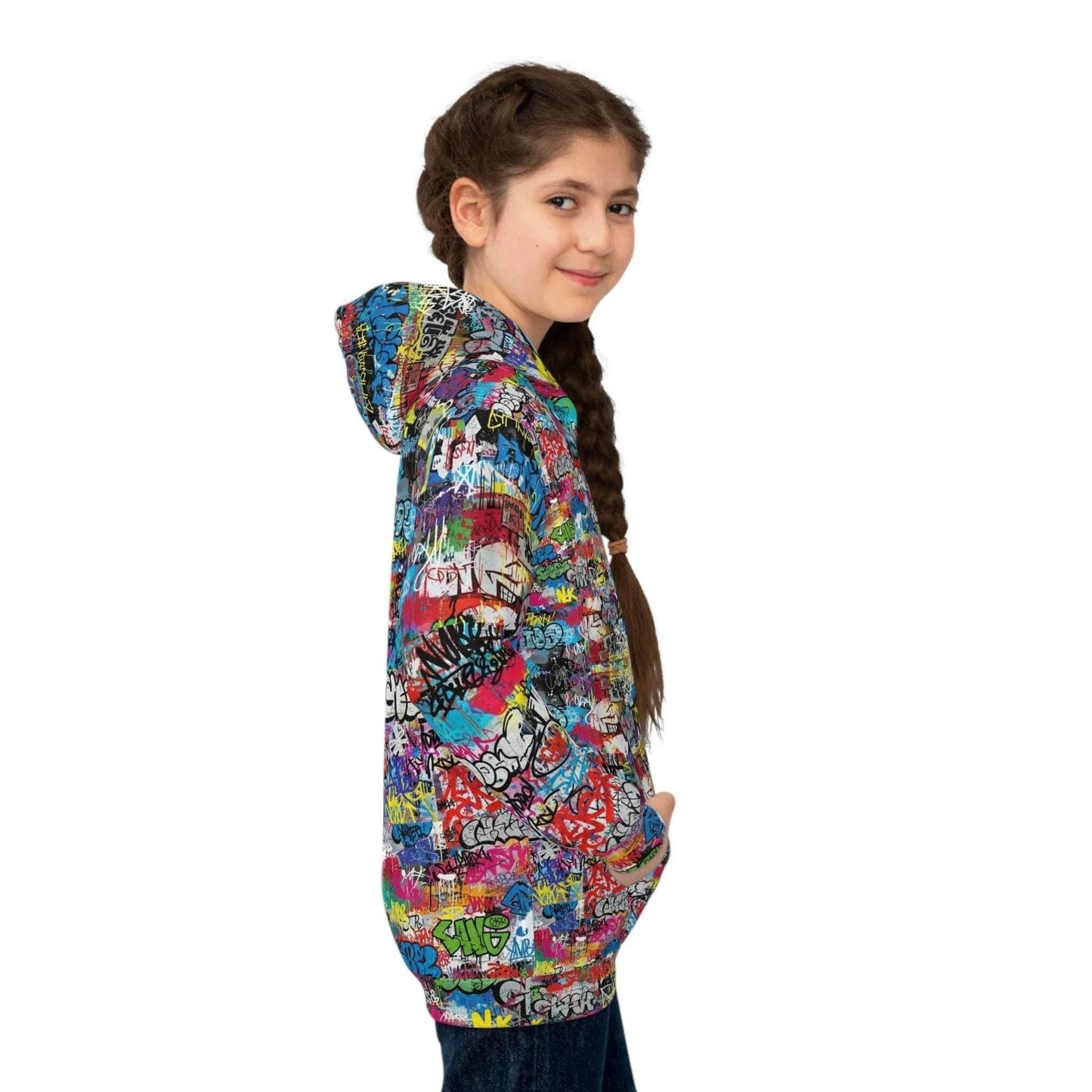 Urban Legend Kids Graffiti Hoodie | Bold AOP Street Art Pullover for Creative Children & Miniature Maximalists