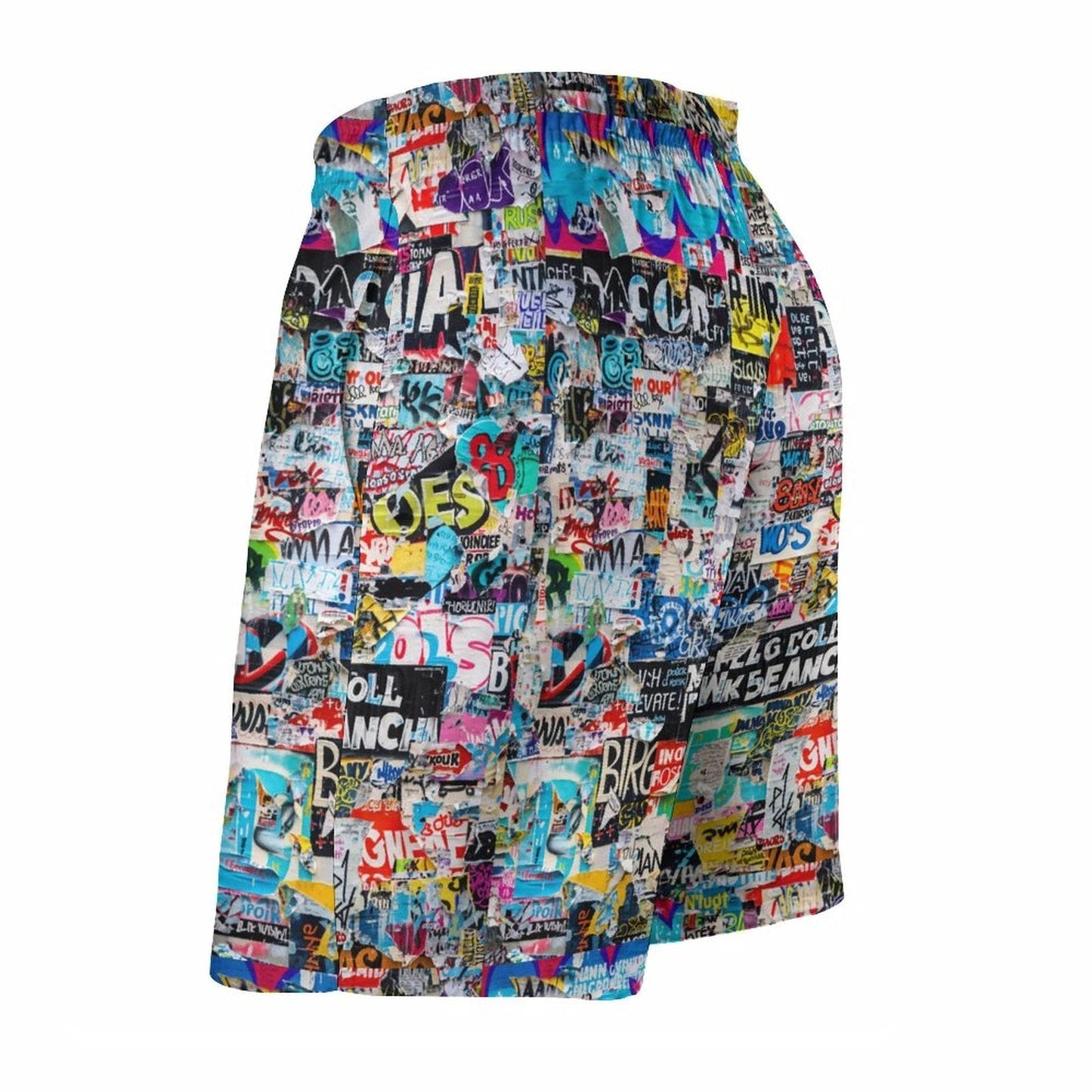Sticker Bomb Board Shorts — Street Collage AOP Swim Trunks for Loud Beach Days