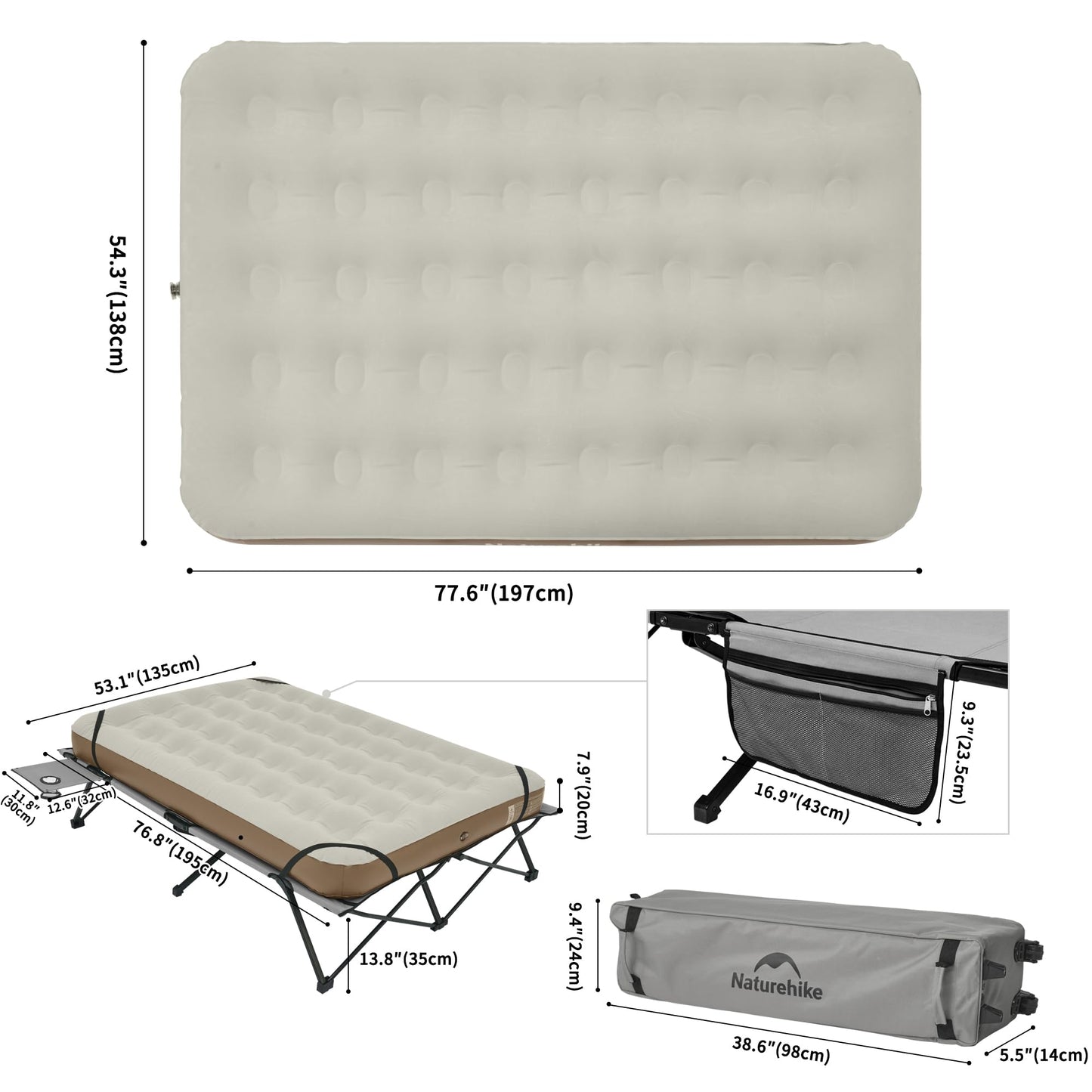 Naturehike Cot Frame & Air Mattress Portable Lightweight 2 Person Folding Camping Cot With Camping Air Mattress Built-in Side Table Camping Bed For Adults