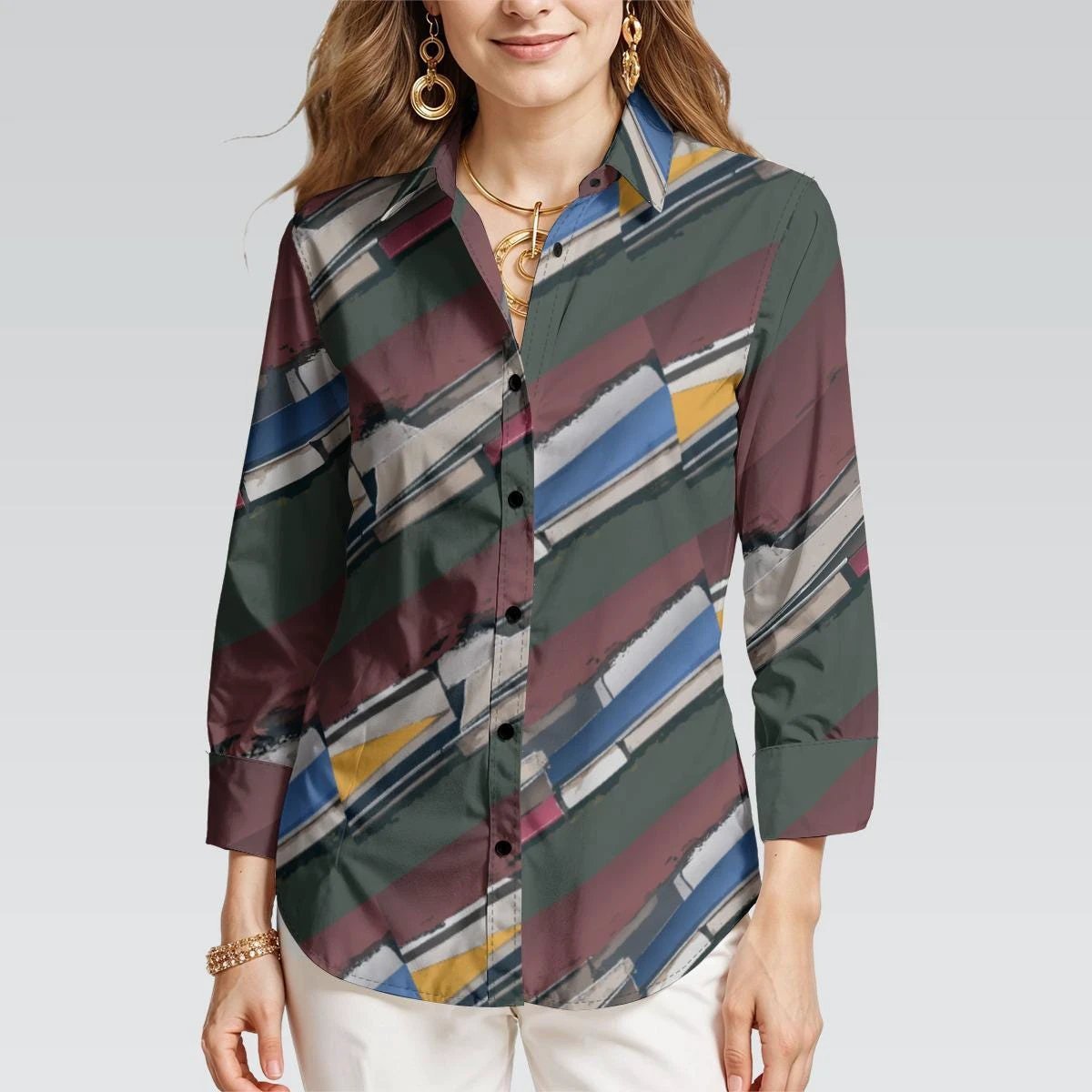 Modern Abstract Geometric Brushstroke Blouse for Earthy Jewel Tone Dressers — Dyles Mavis AOP Acid Marble Top, Chaos-Core Liquid Stretch Fashion