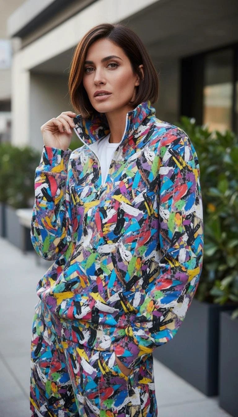 Digital Impasto Paint Stroke Half-Zip for Fine Artists and Curators — 310gsm 100% Cotton Premium Pullover, Stand-Up Collar Art Statement