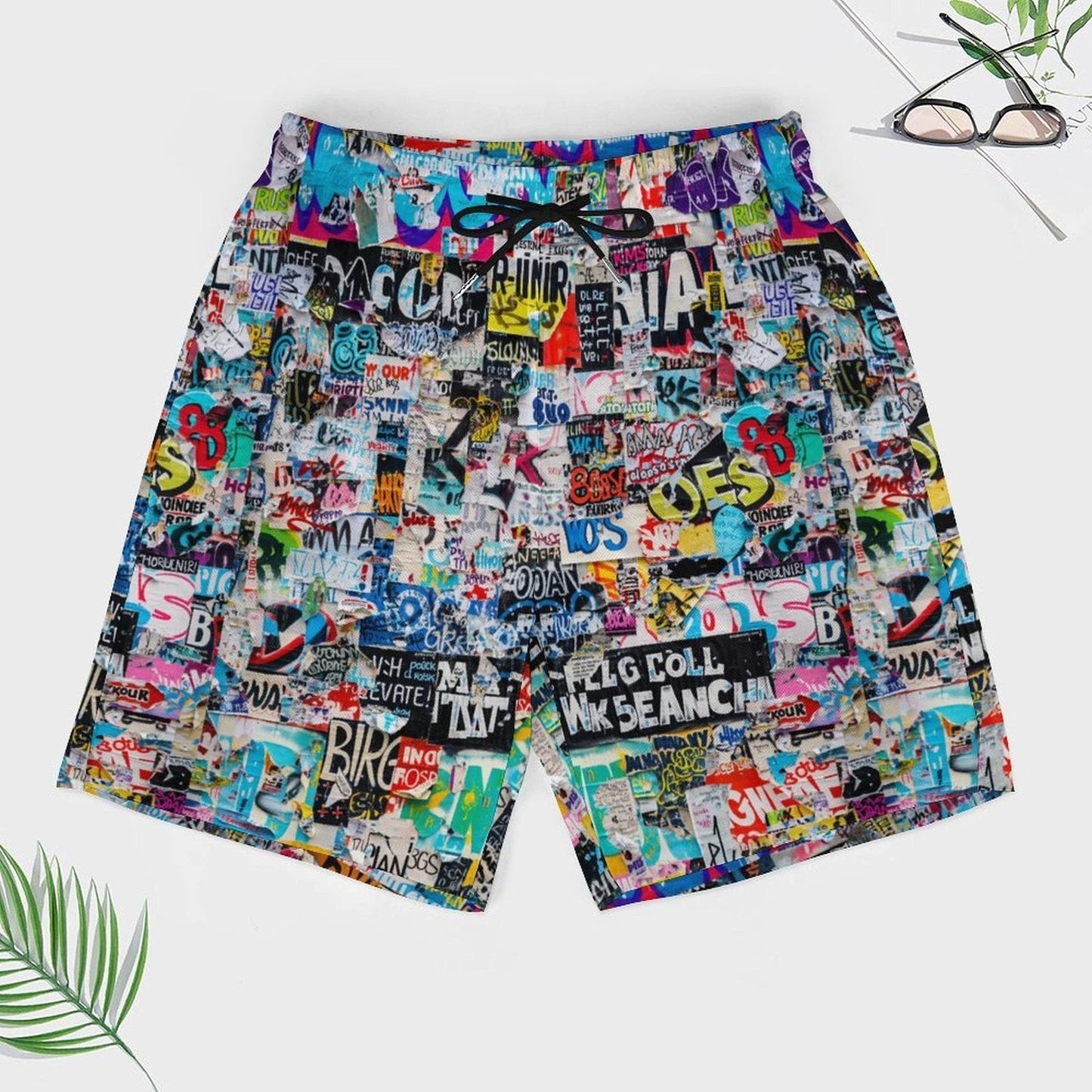 Sticker Bomb Beach Shorts with 4 Pockets — Street Collage AOP Swim-Ready Summer Shorts