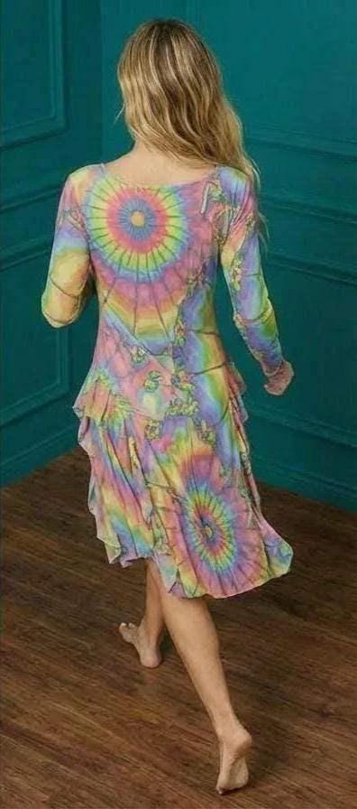 Tie-Dye Cotton Midi Dress - Radial Pastel Long Sleeve Boho Gown