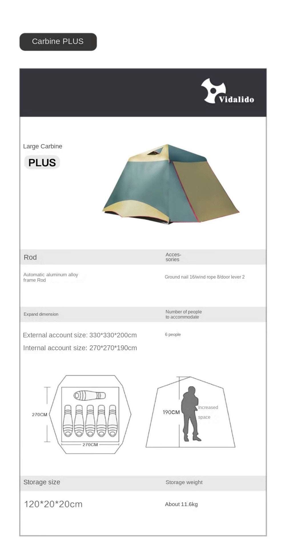 Vidalido CABIN PLUS Series Automatic Cabin Style Tent Portable Lightweight Folding for 4-6 Person Family Shed Leisure Quick Opening Sunshade Tent