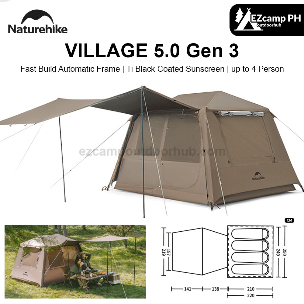 Naturehike VILLAGE 5.0 Gen 3 Fast Build Automatic Tent 1 Bedroom 1 Living Room Extended Canopy Double Layer Tent 4 Person Ti Black Coated Sunscreen