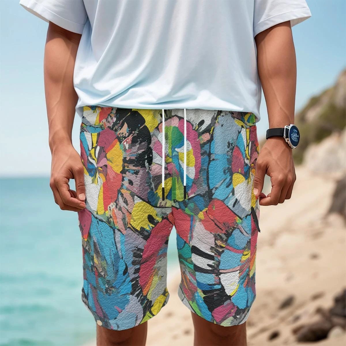 Color Wheel Cargo Shorts for Festival Season Maximalists — Tactical Abstract AOP, Quick-Dry Polyester-Spandex, Streetwear Pocket Shorts