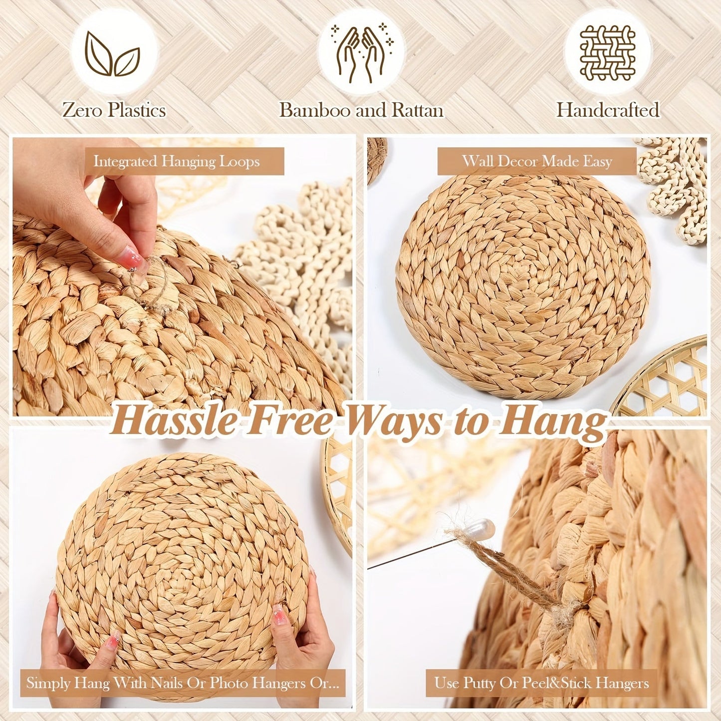 Boho Style 7-Piece Handmade Woven Seagrass Rattan Wall Decor - V2ML