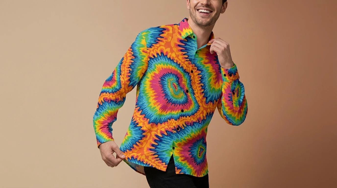 Psychedelic Rainbow Spiral Button-Up Shirt — Neon Tie-Dye AOP Long Sleeve