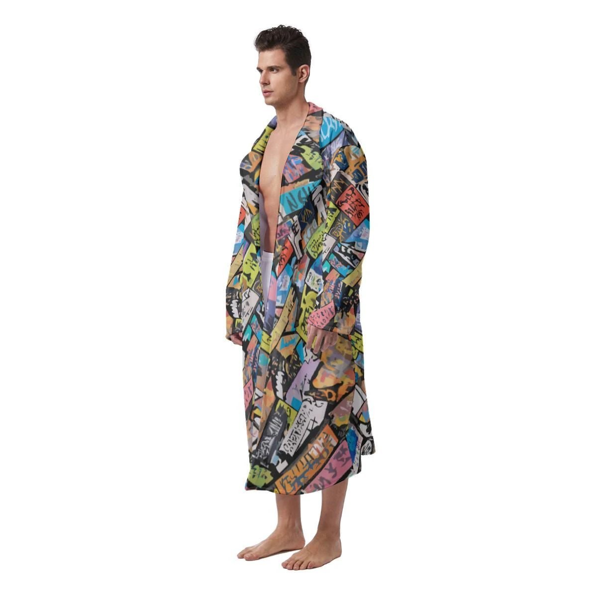 Graffiti Tag Kimono Robe — Neon Street Art AOP, Fur-Lined Duster