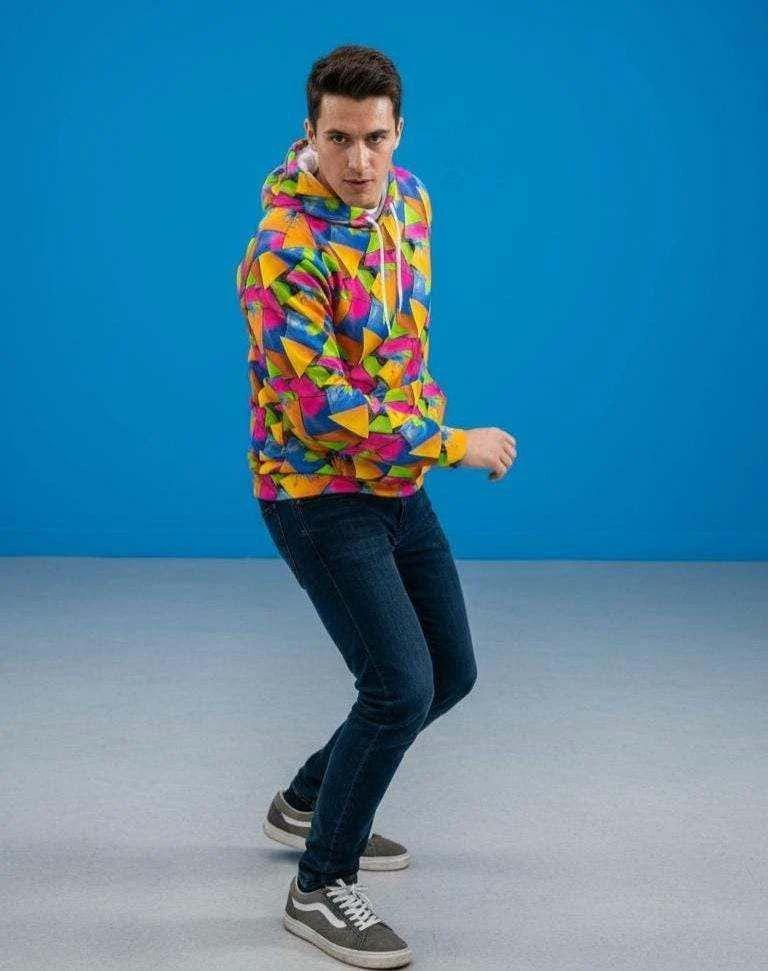 Vibrant Geometric Triangle Print Hoodie - Bold Maximalist Streetwear Pullover for Rave Style