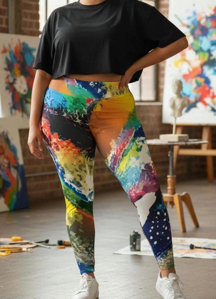 Maximalist Paint Splash Leggings for Plus Size Self-Expressers — Abstract Expressionist AOP Tights, Festival Yoga Wear, Inclusive Bold Activewear