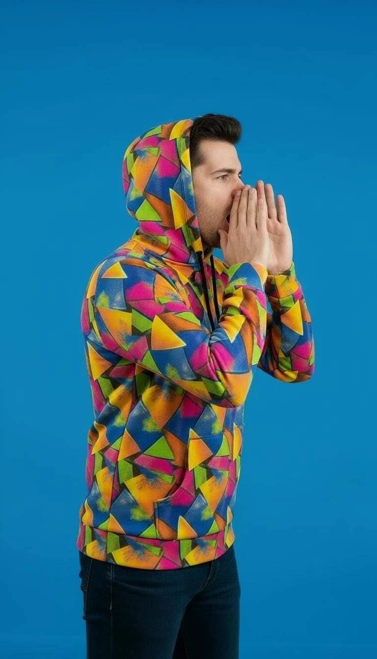 Vibrant Geometric Triangle Print Hoodie - Bold Maximalist Streetwear Pullover for Rave Style