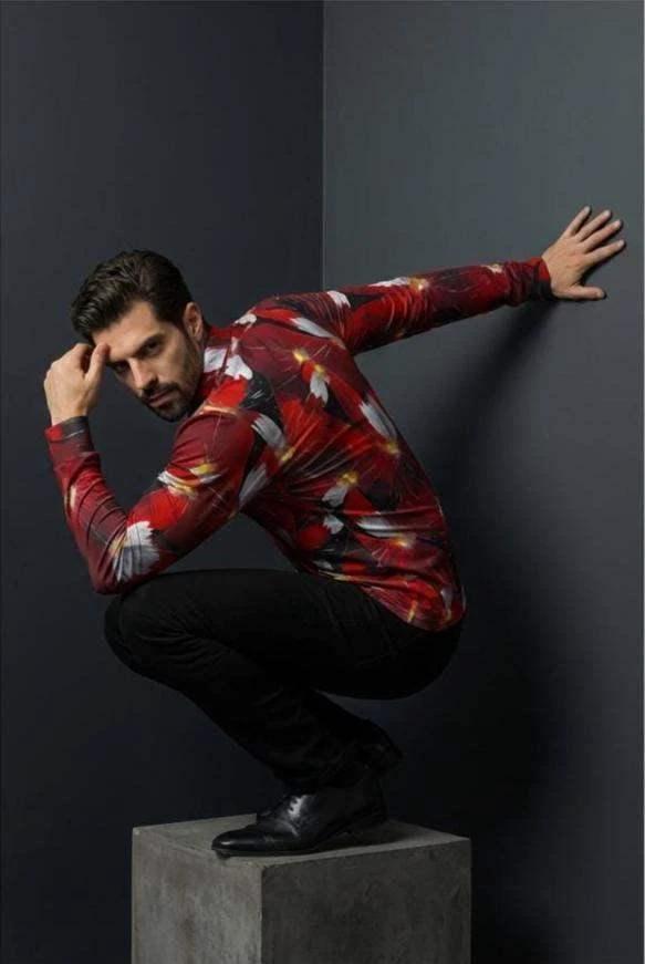 Artsy Floral AOP Men's Long Sleeve Polo | 220gsm Painterly Botanical Print Polished Maximalist Workwear for Hospitality