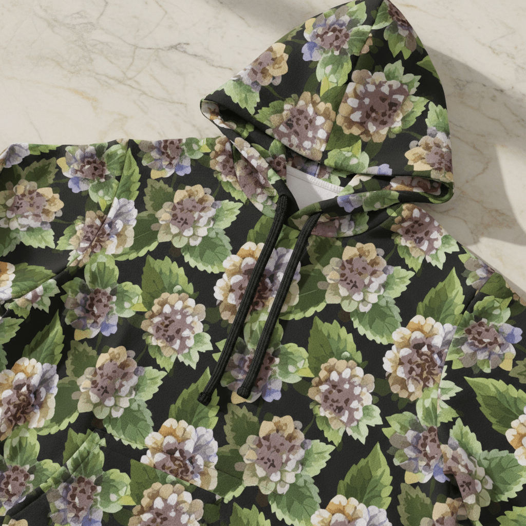 Floral Print Athletic Hoodie for Nature-Forward Fitness Dressers — 95% Recycled Polyester AOP, Adjustable Hood, Gym-to-Street Nature Statement