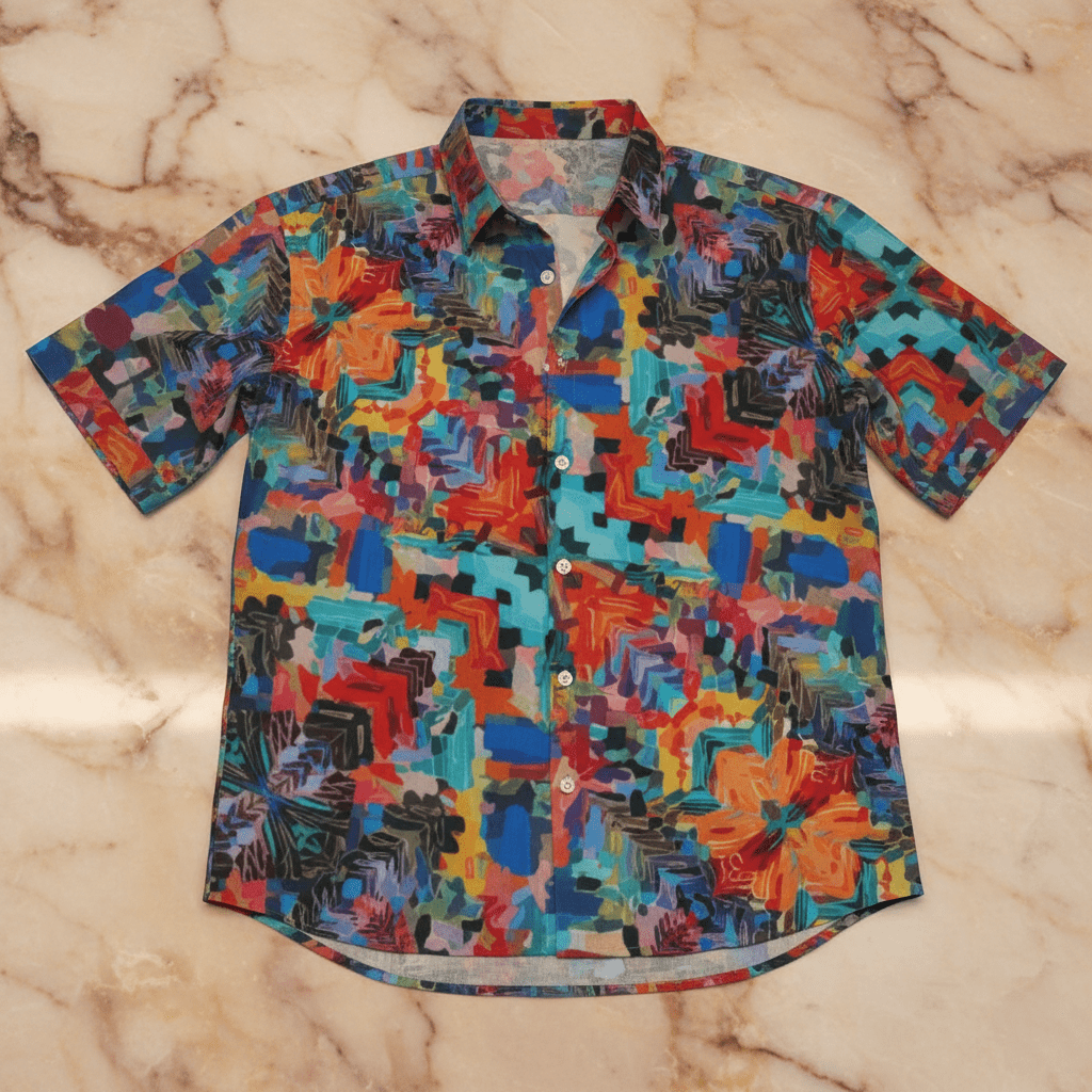 Fluid Abstract AOP Men's Silk-Feel Short Sleeve Shirt | Imitation Silk Loose-Cut Summer Top — Maximalist Print Resort Menswear (S–5XL)