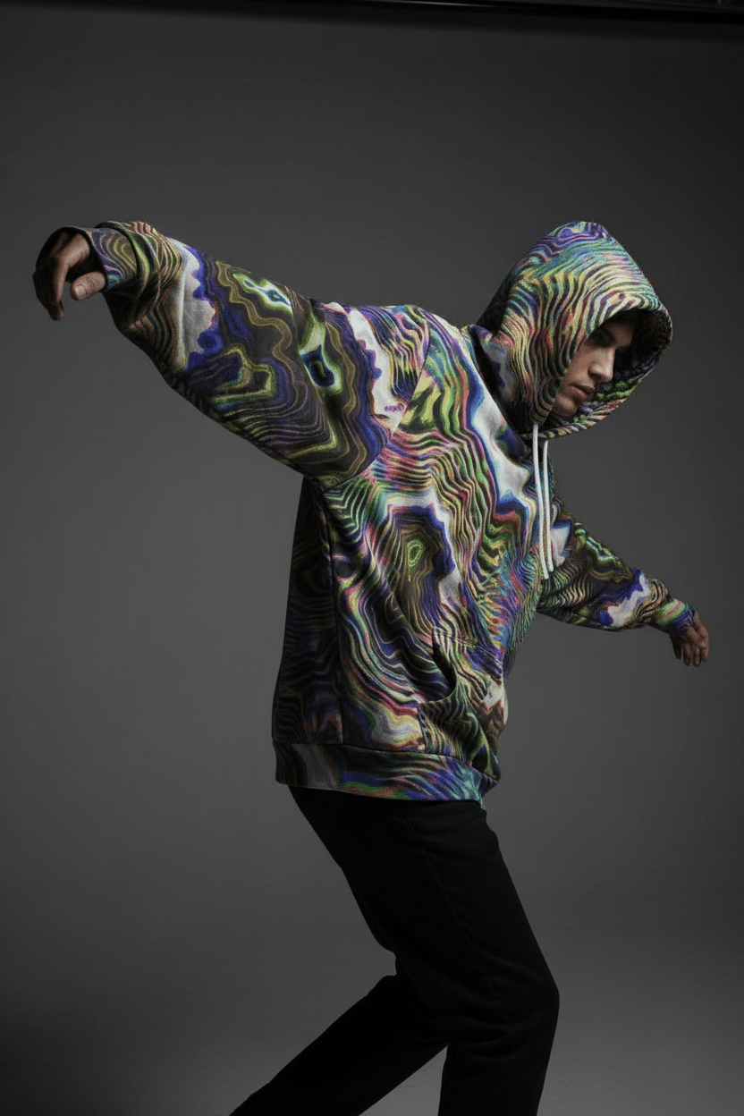 Glitch Art AOP Pullover Hoodie — Mind Trip Psychedelic Swirl Streetwear For All Genders