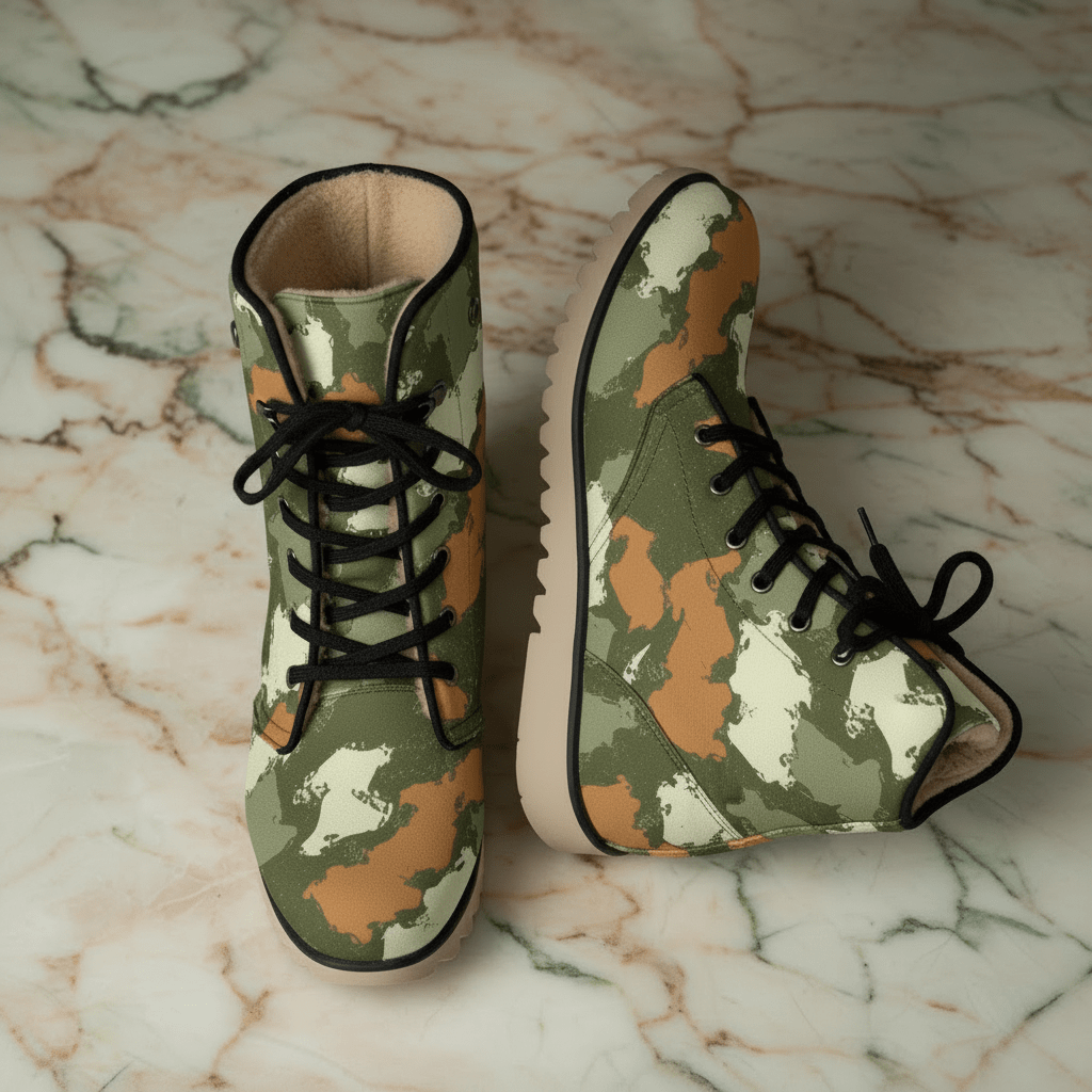 Glitch Camo Combat Boots for Urban Explorers — Concrete Jungle AOP Martin-Style Boots, Plush-Lined Winter Footwear, Alt Fashion, Men's Wearable Art