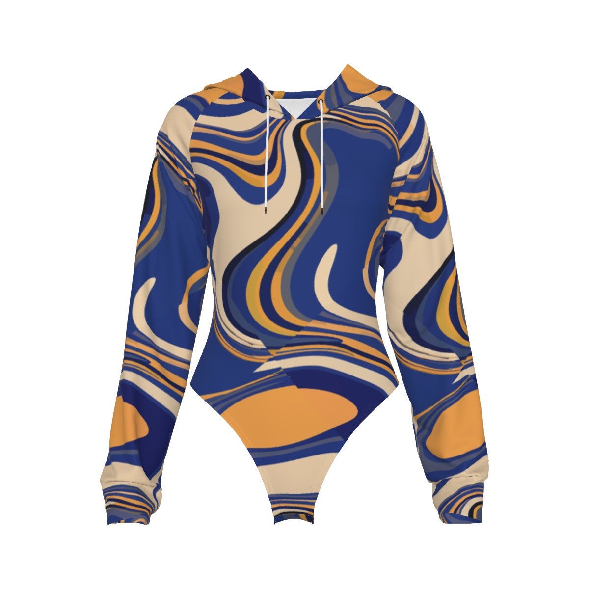 Golden Current Liquid Marble Hooded Bodysuit — Navy & Amber Swirl AOP Raglan Base Layer for Bold Dressers