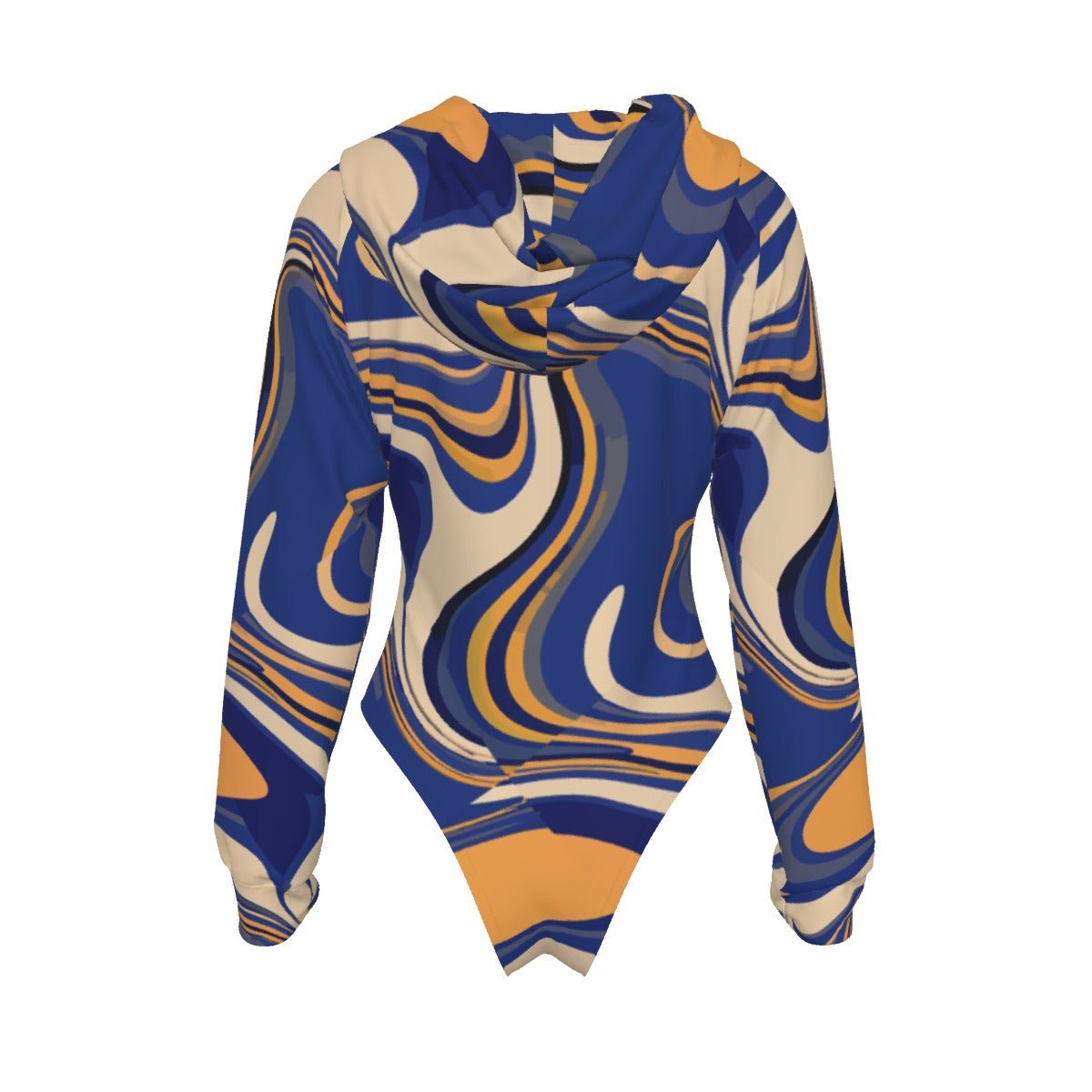 Golden Current Liquid Marble Hooded Bodysuit — Navy & Amber Swirl AOP Raglan Base Layer for Bold Dressers
