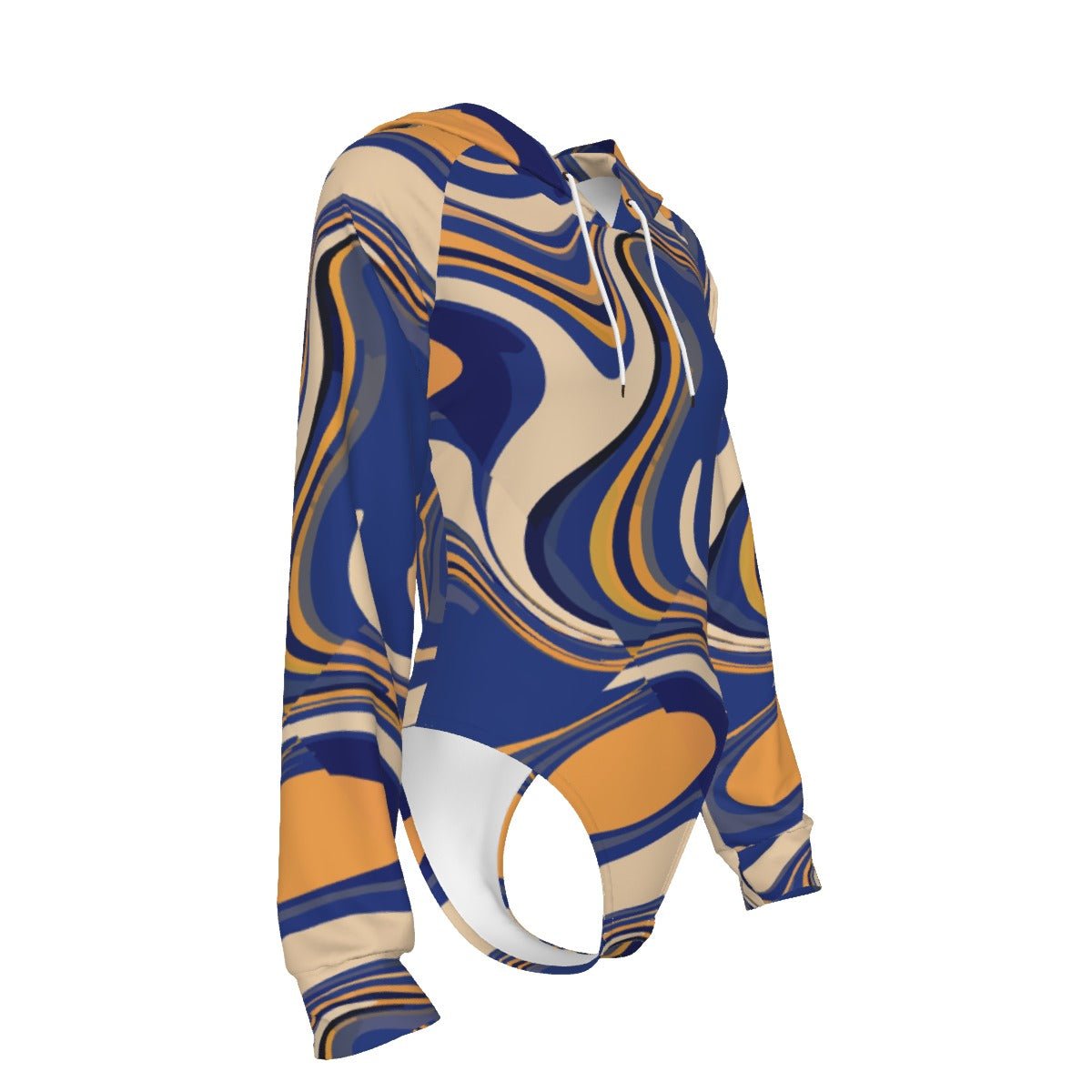 Golden Current Liquid Marble Hooded Bodysuit — Navy & Amber Swirl AOP Raglan Base Layer for Bold Dressers