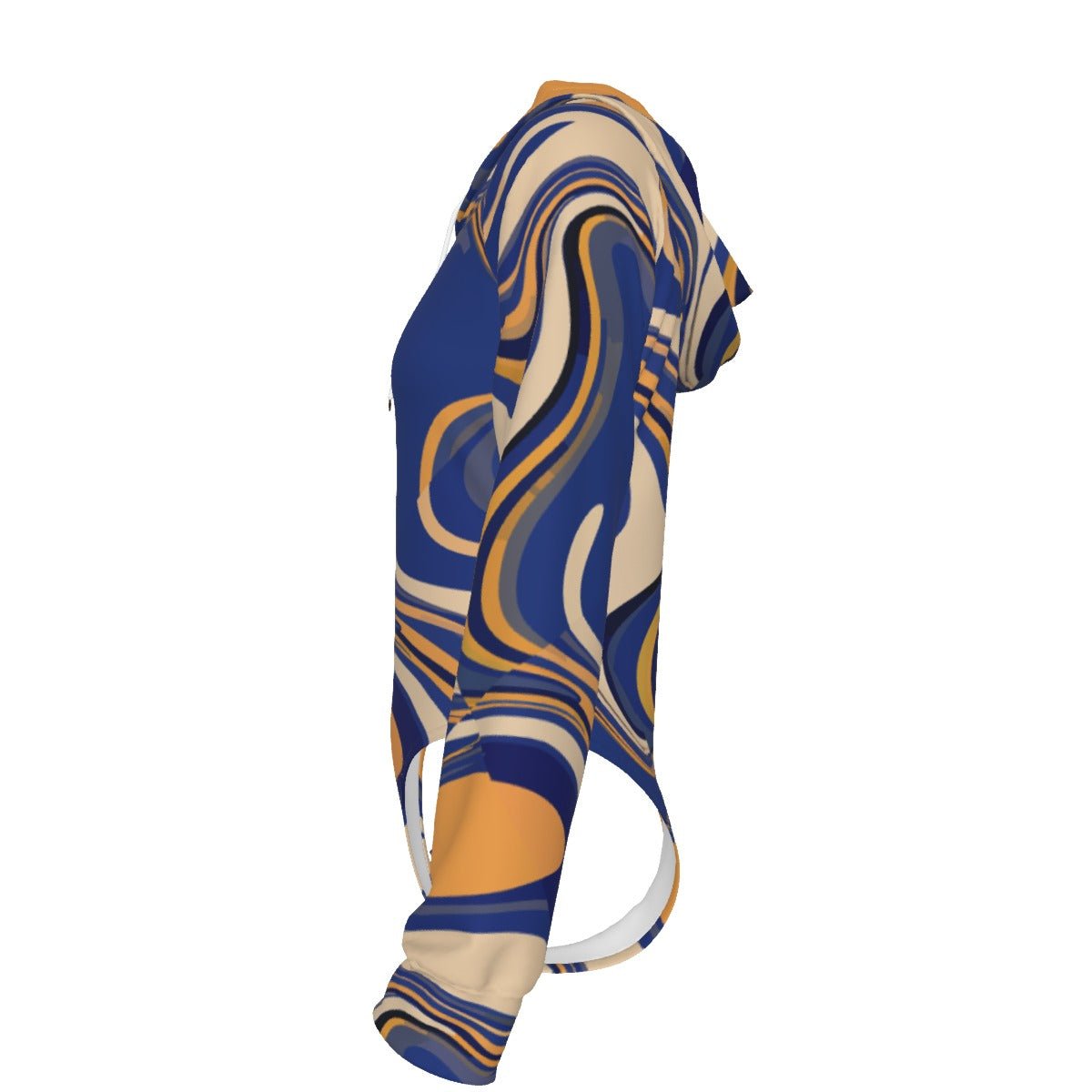 Golden Current Liquid Marble Hooded Bodysuit — Navy & Amber Swirl AOP Raglan Base Layer for Bold Dressers