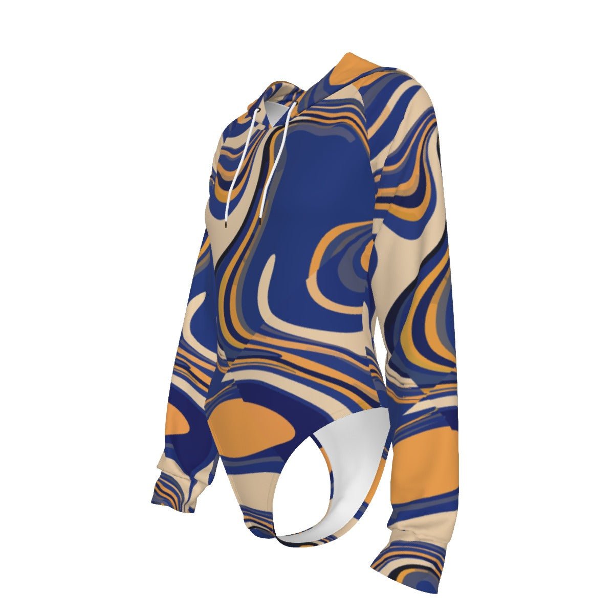 Golden Current Liquid Marble Hooded Bodysuit — Navy & Amber Swirl AOP Raglan Base Layer for Bold Dressers