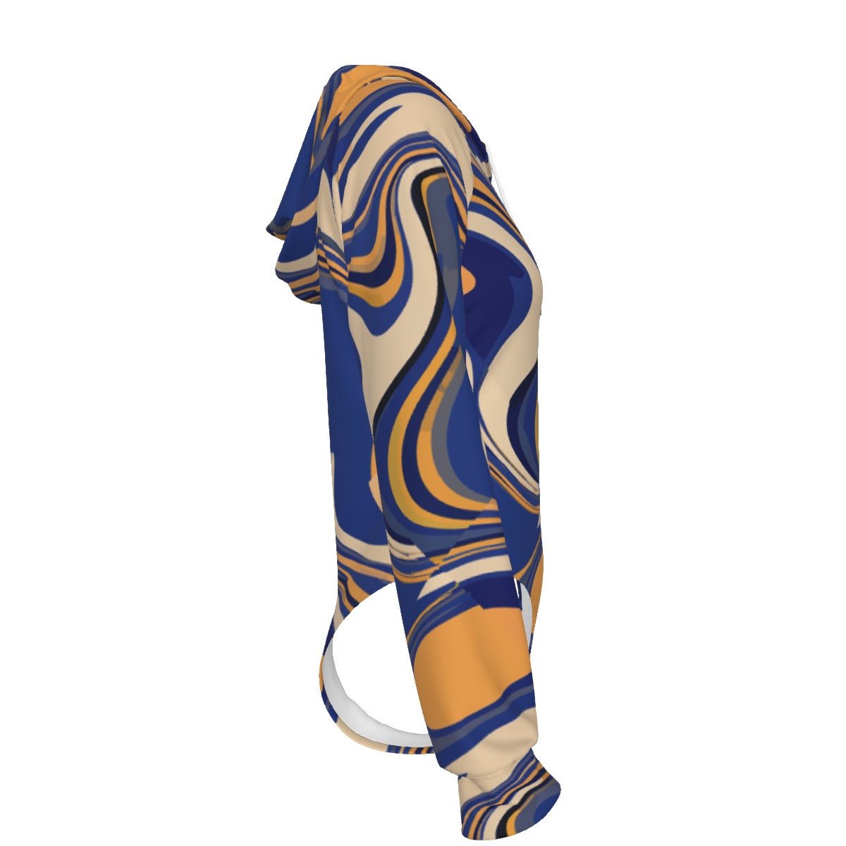 Golden Current Liquid Marble Hooded Bodysuit — Navy & Amber Swirl AOP Raglan Base Layer for Bold Dressers