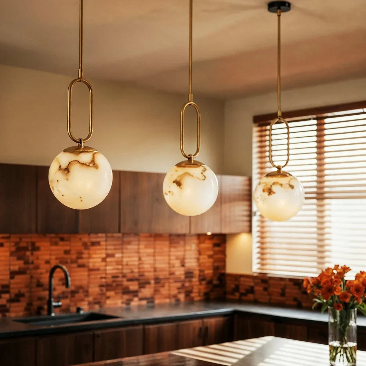Natural Marble Gong Pendant Light With Warm Light Glow