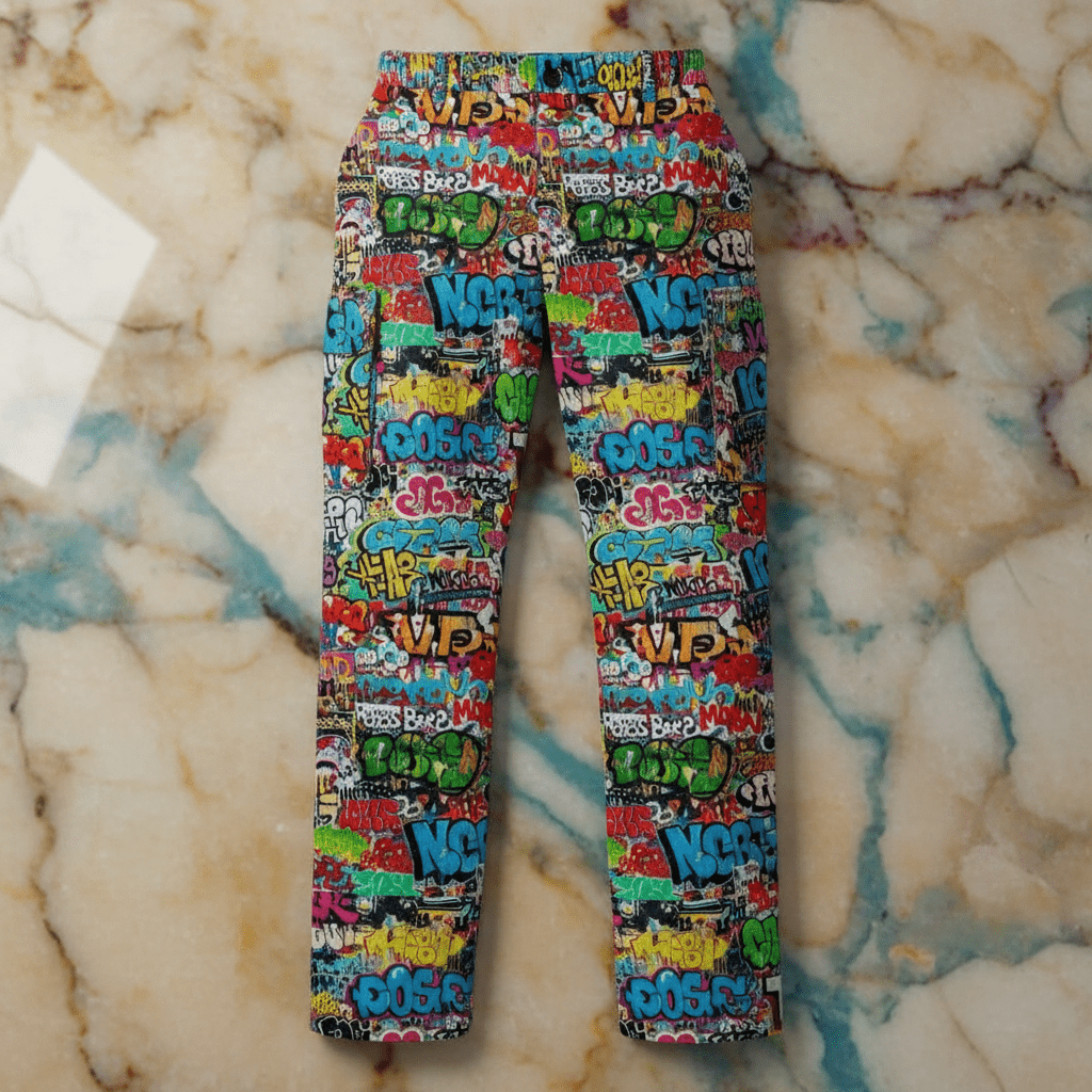 Graffiti AOP Cargo Pants for Urban Explorers — Abstract Splatter Utility Trousers, Cybercore Streetwear Bottoms, Festival Rave Pants