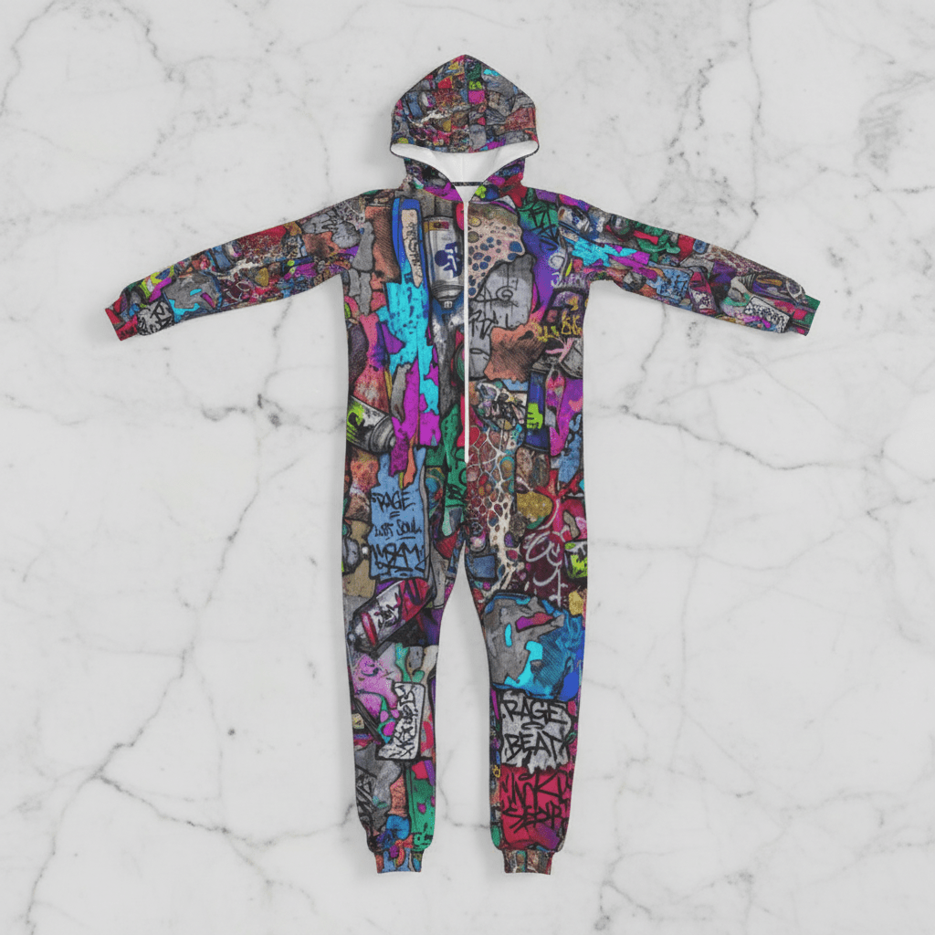 Graffiti AOP Heavyweight Jumpsuit for Everything Mashup Maximalists — 310gsm Bold Street Art All-Over Print, Skull Festival Streetwear