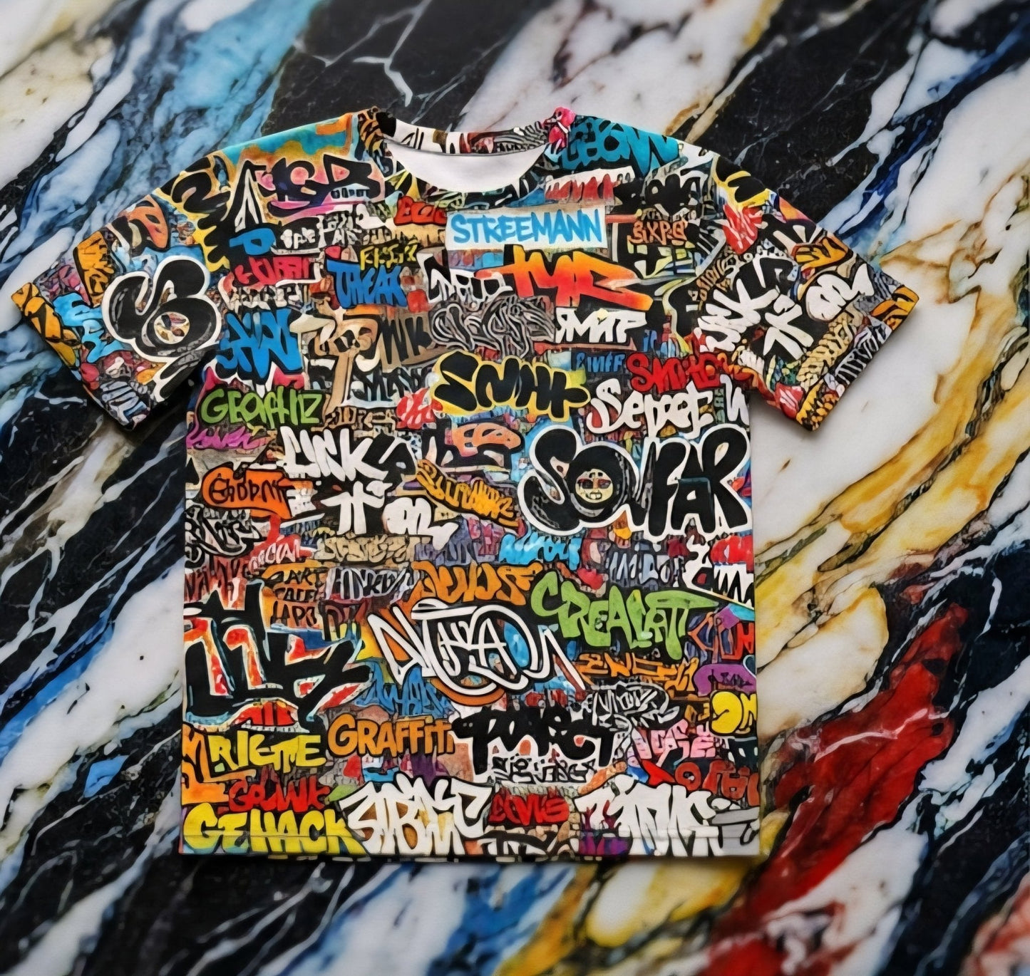 Graffiti AOP Urban Street Art Tee for City Culture Dressers — Bold All-Over Print Graphic T-Shirt, Hip-Hop Skate Statement, Festival Music Concert Top