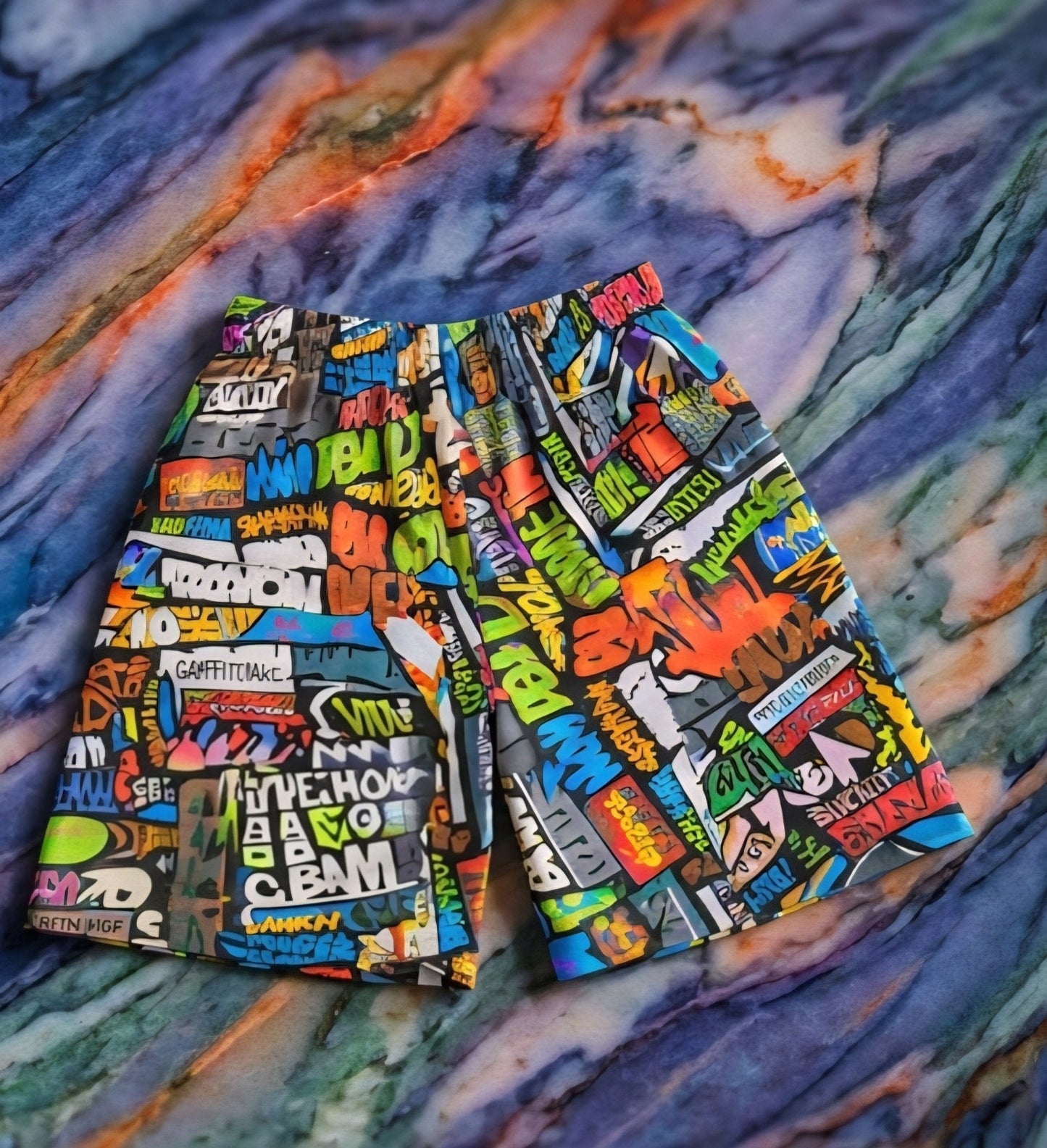 Graffiti Basketball Shorts for Hoop Culture Heads — Concrete Chaos AOP Streetwear, Festival Gym Wear, Loud Athletic Bottoms, Skater Shorts