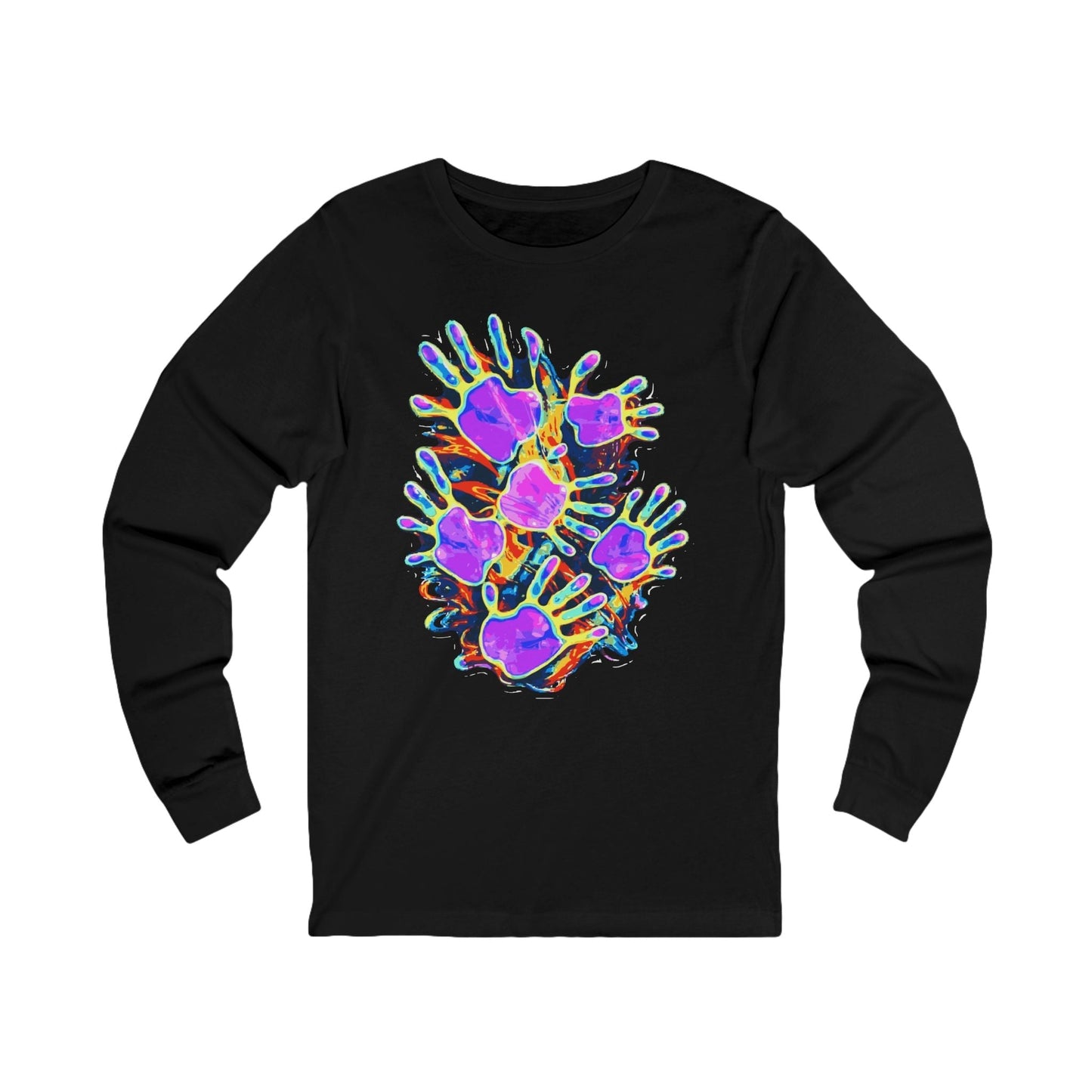 Graffiti Burst Long Sleeve Tee — Dark Jersey with Neon Street-Art Chest Hit, Understated Loud